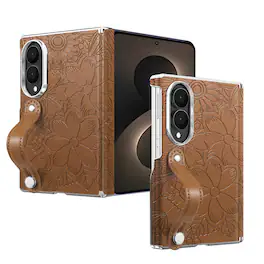 Dteck - Shockproof Case for Samsung Galaxy Z Fold8 with Wristband, Floral Leather Texture Rigid Plastic Hinge Protective Cover - Brown