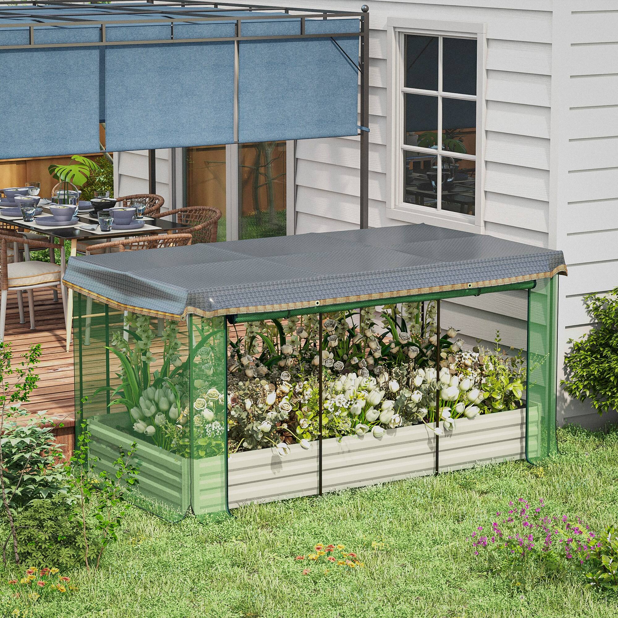 Alt View 1. Outsunny - 7.3 x 3.4 x 1 ft Galvanized Raised Garden Bed with Crop Cage Plant Protection Net and Shade Cloth Roof - Beige.