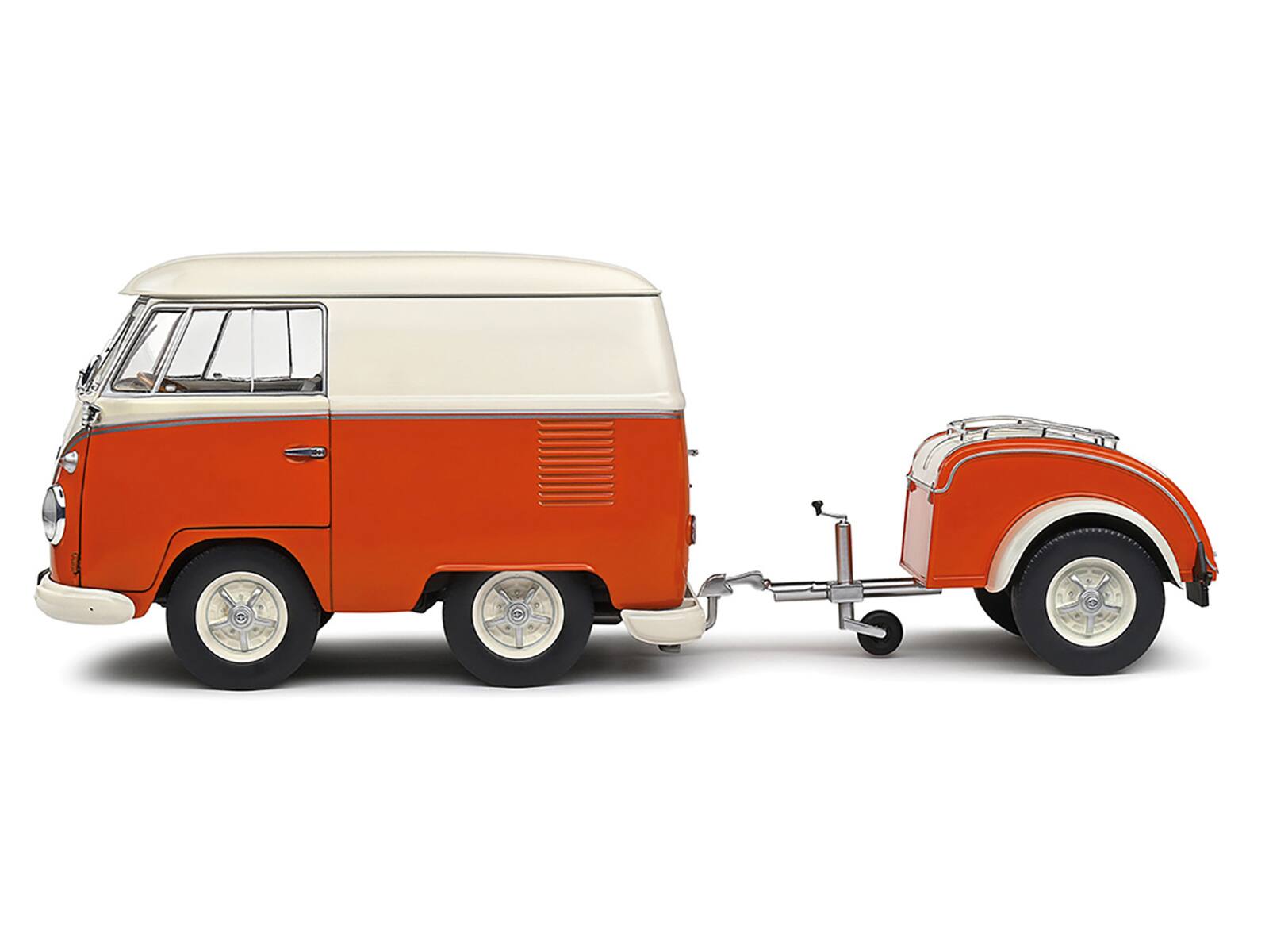 Left. Solido - 1950 Volkswagen Kool Kombi Van with Trailer Orange and White 1/18 Diecast Model Car by Solido - Orange and White.