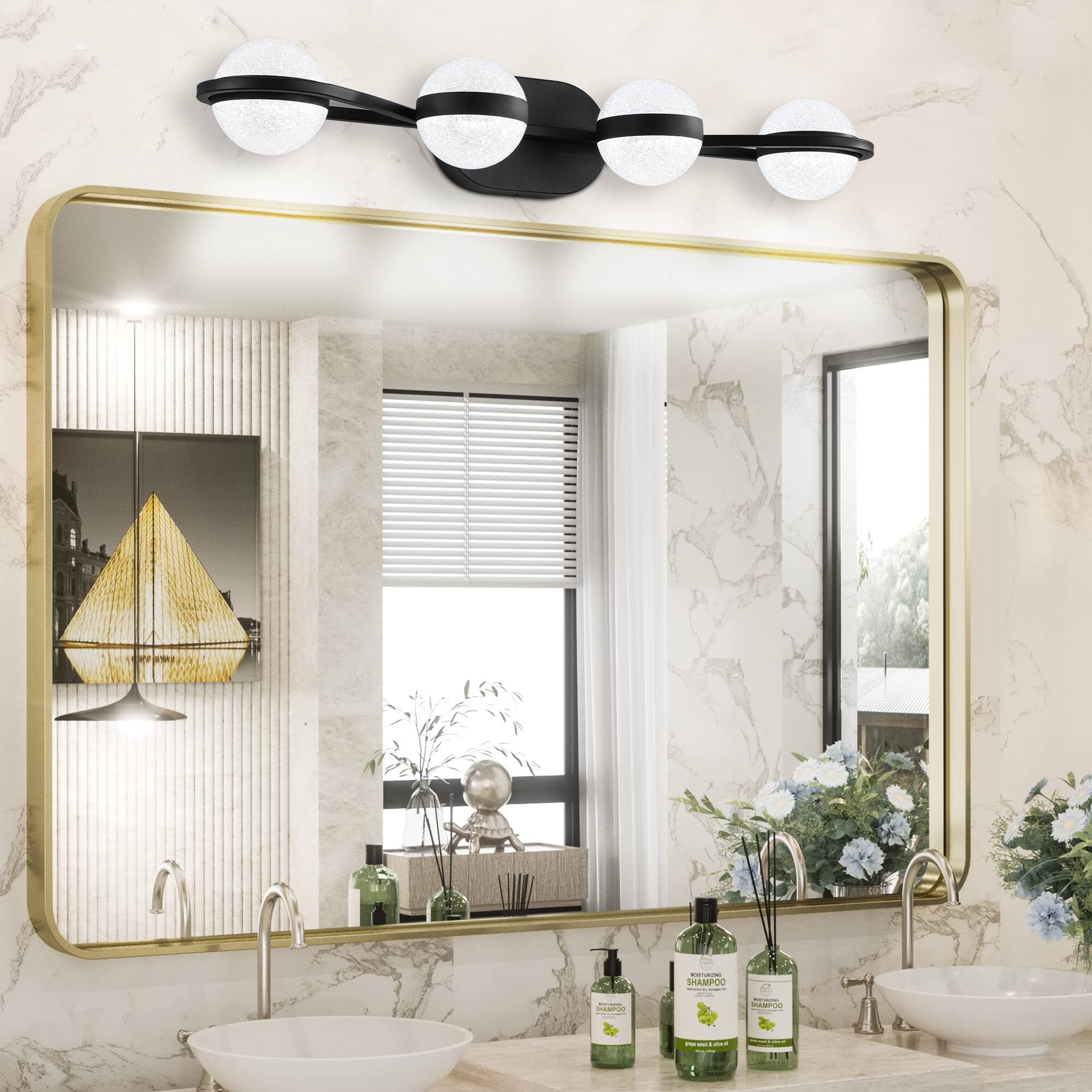 Left. APRILSOUL - 30 Inch Black Minimalist LED Bathroom Vanity Light with Crystal Sand Acrylic Shades 4-Light Wall Mounted.
