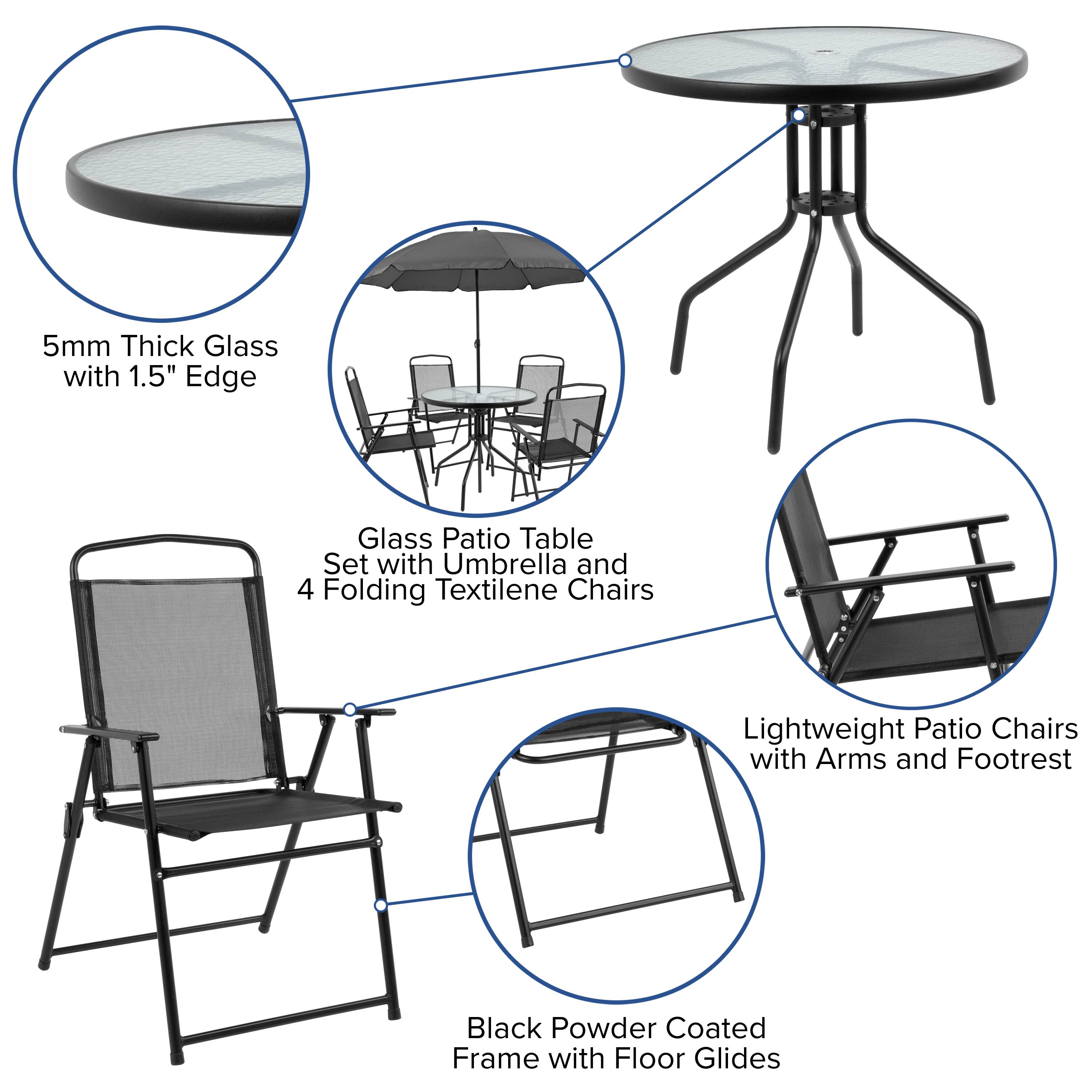 5mm Thick Glass with 1.5" Edge Glass Patio Table Set with Umbrella and 4 Folding Textilene Chairs Lightweight Patio Chairs with Arms and Footrest Black Powder Coated Frame with Floor Glides