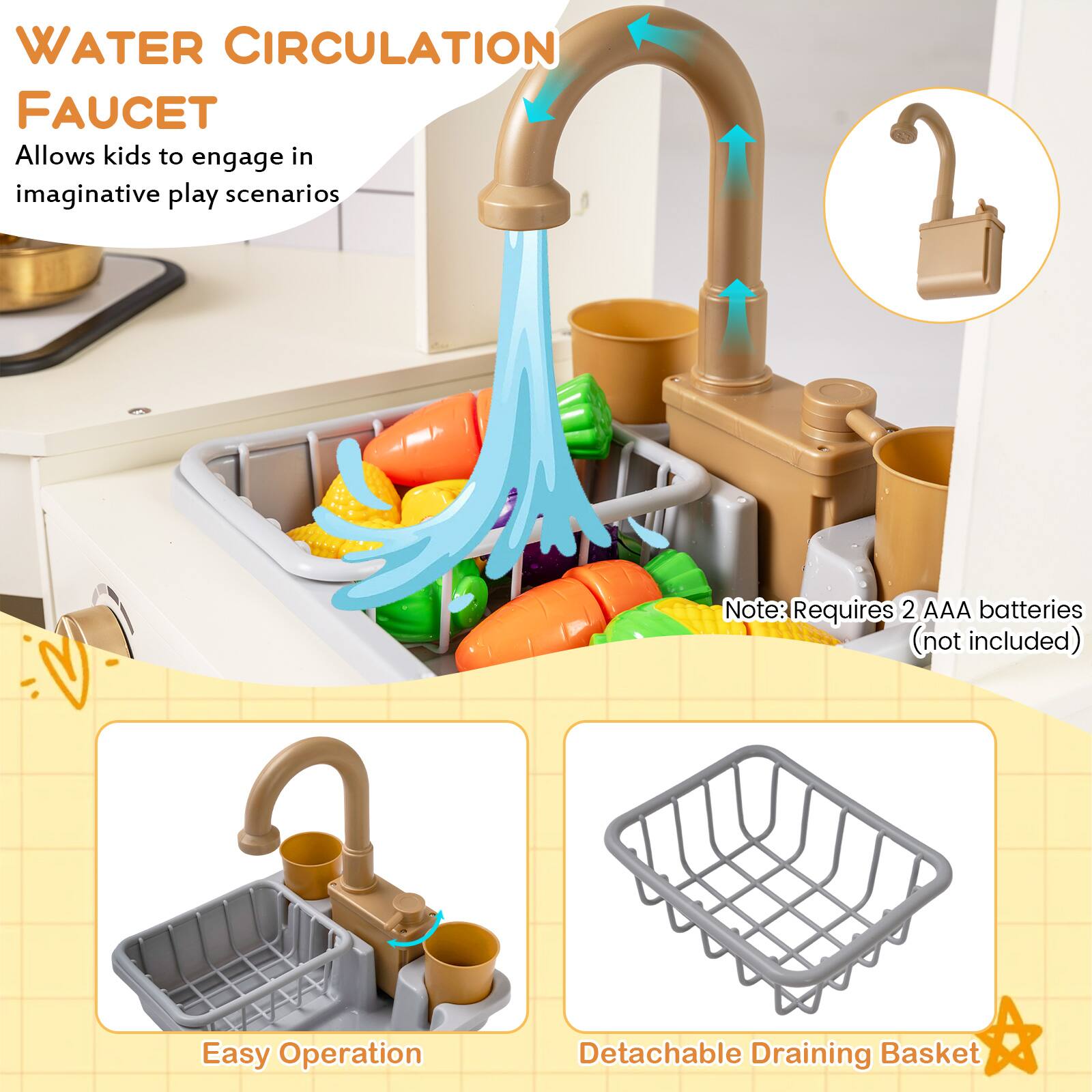 **WATER CIRCULATION FAUCET**  
Allows kids to engage in imaginative play scenarios  

Note: Requires 2 AAA batteries (not included)  

Easy Operation  
Detachable Draining Basket