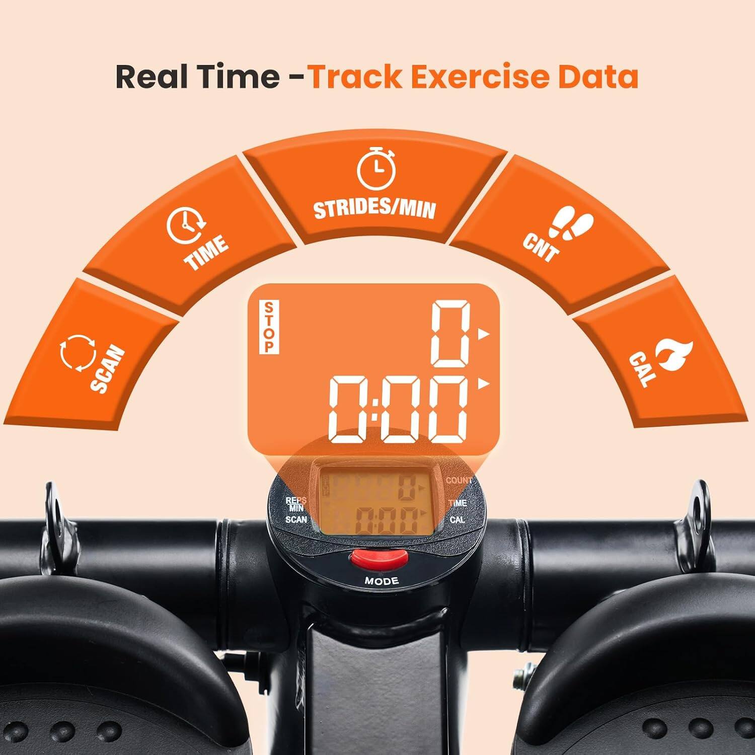 Real Time - Track Exercise Data

- TIME
- STRIDES/MIN
- CNT
- CAL

SCAN
STOP

0:00

COUNT
TIME
CAL

MODE