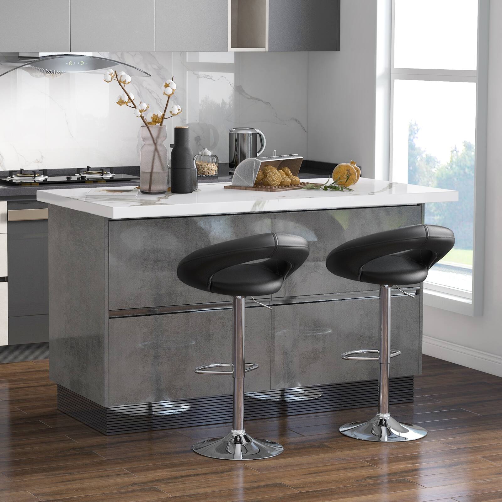 Alt View 7. Ecooso - Height Adjustable Bar Stools Set of 2 with Hollow Back and Footrest - Black.