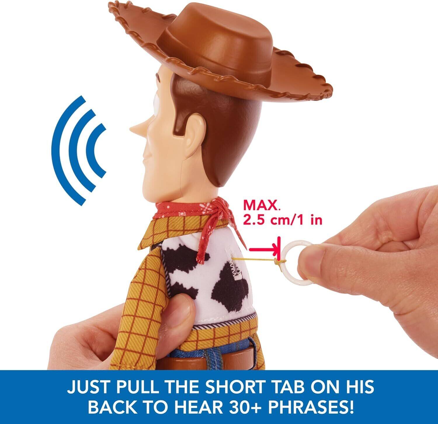 MAX. 2.5 cm/1 in  
JUST PULL THE SHORT TAB ON HIS BACK TO HEAR 30+ PHRASES!