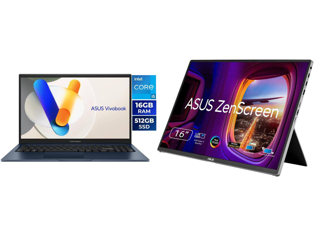 ASUS Vivobook  
Intel Core i5  
16GB RAM  
512GB SSD  

ASUS ZenScreen 16"  
USA  
ASUS Type-C OLED Monitor  
WUXGA 1920x1200  
Auto Rotate  
Power Through ASUS