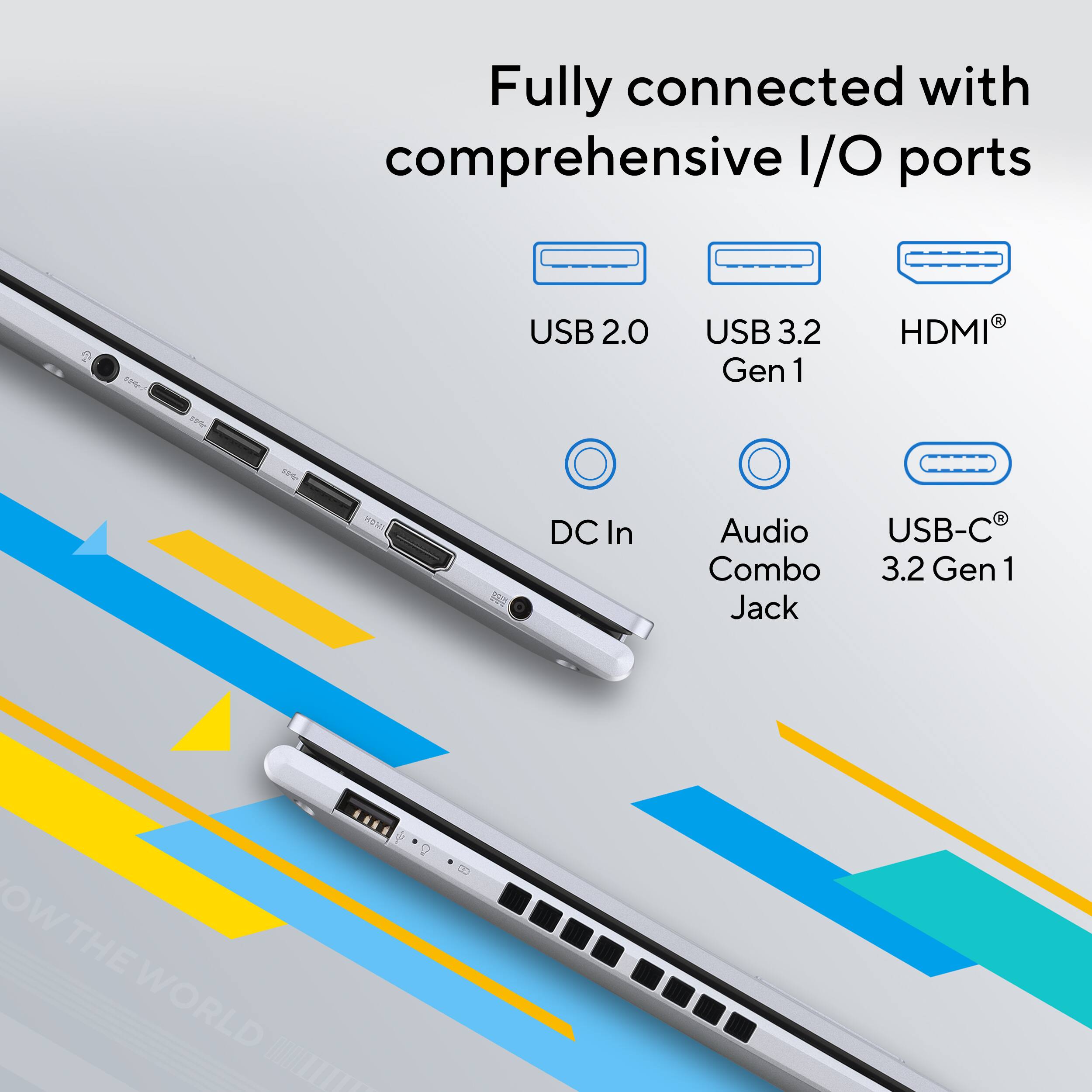 Fully connected with comprehensive I/O ports: USB 2.0, USB 3.2 Gen 1, HDMI, 10 HOM1, PH DC In, Audio, USB-C Combo 3.2 Gen 1 Jack.