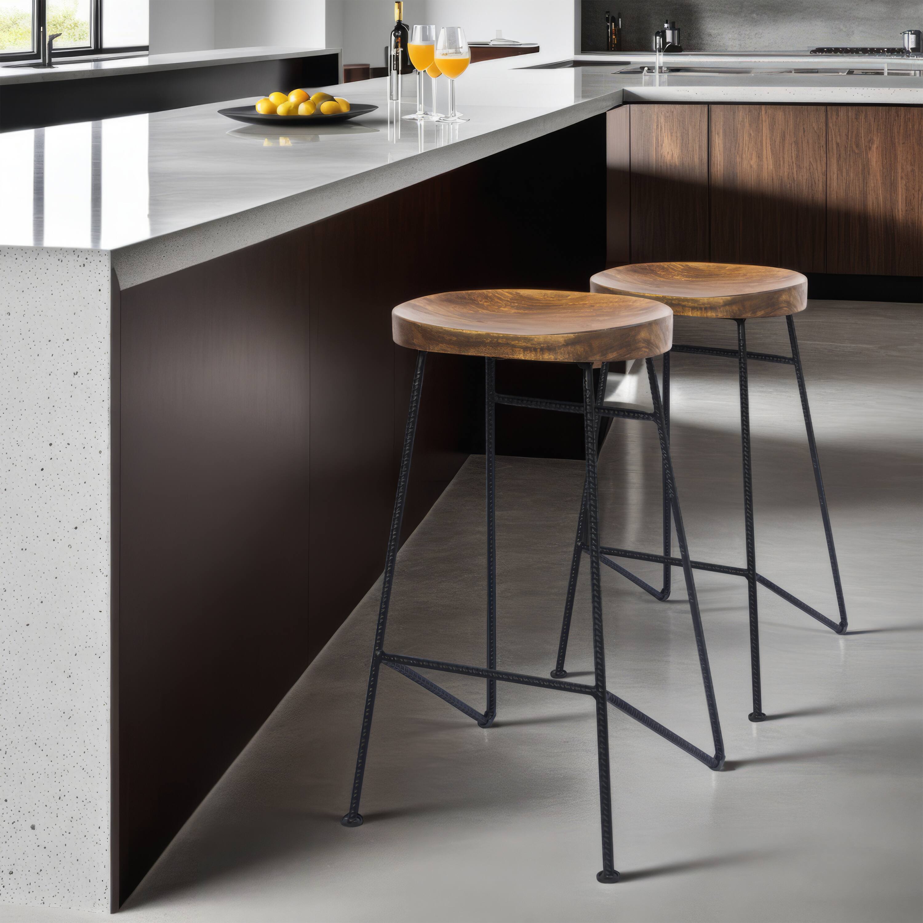 Alt View 9. Manhattan Lane - Jael 28 Inch Bar Stool with Mango Wood Saddle Seat, Iron Rod Legs - Brown and Black.