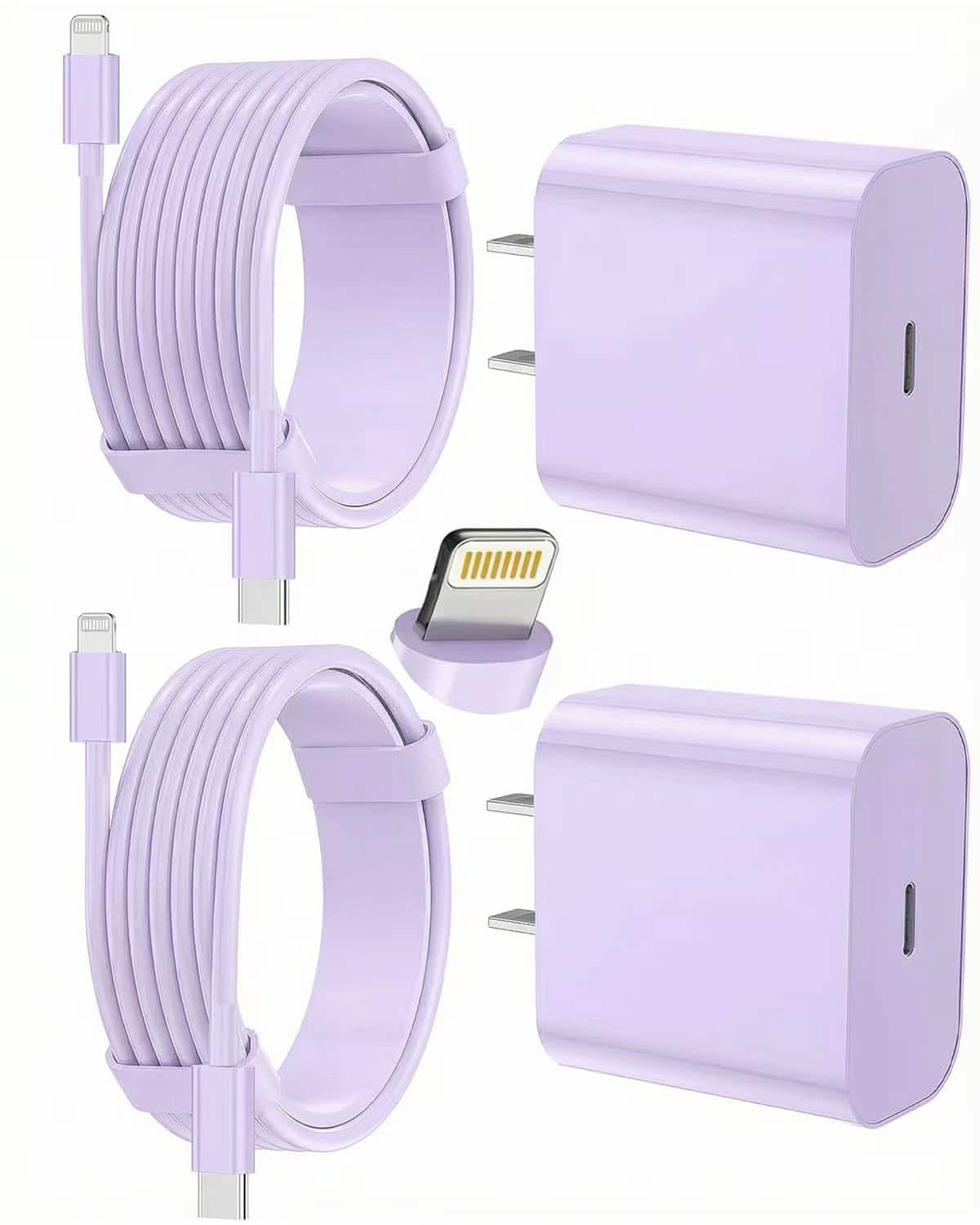 Bundle - Core Tech - 2-Pack USB-C Fast Wall Charger with 6 ft & 10 ft USB-C to Lightning Cables for iPhone - Purple