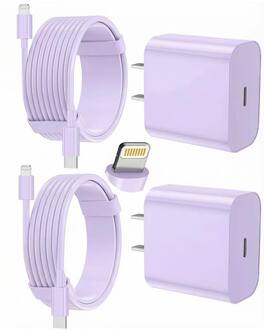 Bundle - Core Tech - 2-Pack USB-C Fast Wall Charger with 6 ft & 10 ft USB-C to Lightning Cables for iPhone - Purple