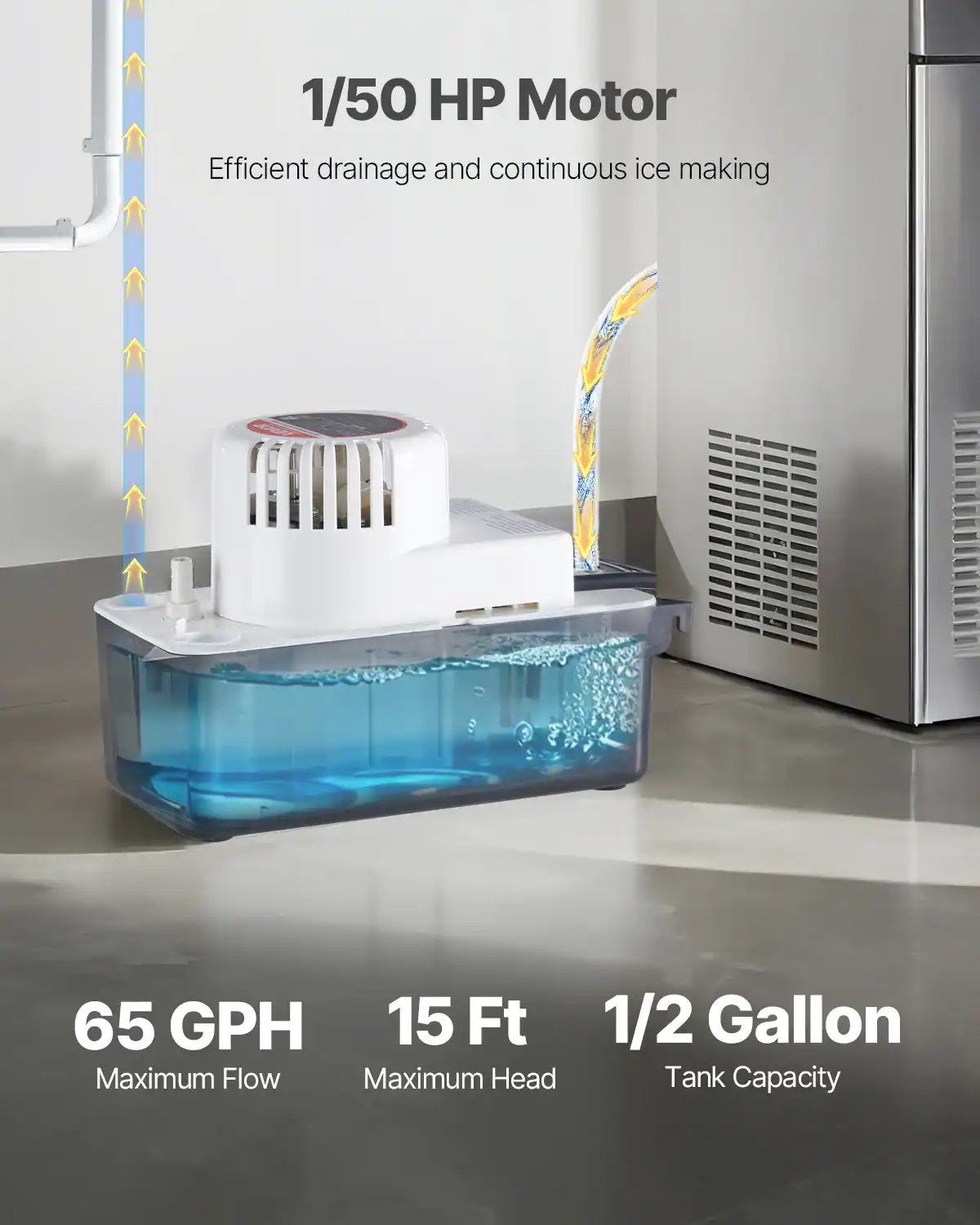 1/50 HP Motor, Efficient drainage and continuous ice making, 65 GPH, 15 Ft, 1/2 Gallon Tank Capacity
