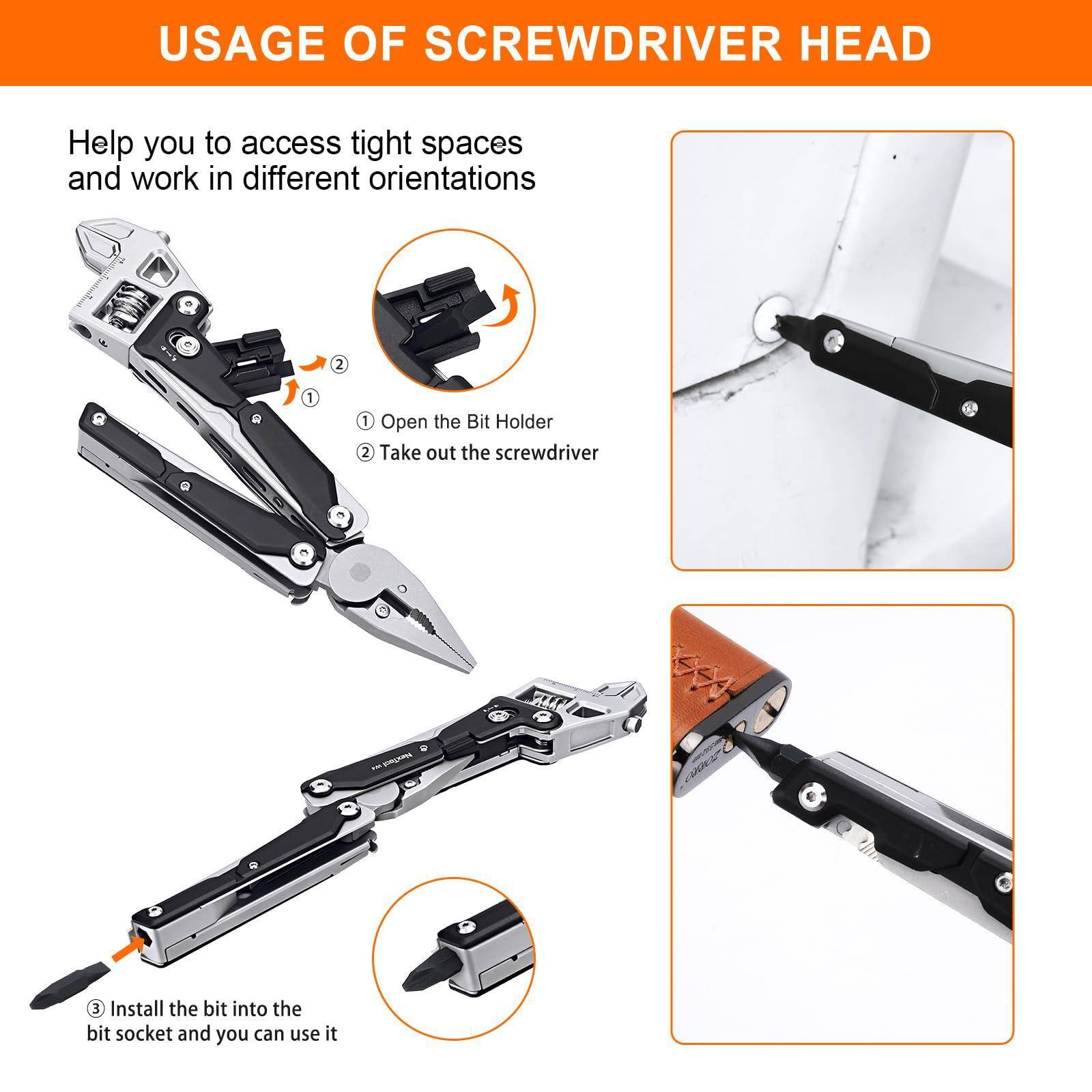 **USAGE OF SCREWDRIVER HEAD**

Help you to access tight spaces and work in different orientations

1. Open the Bit Holder
2. Take out the screwdriver
3. Install the bit into the bit socket and you can use it