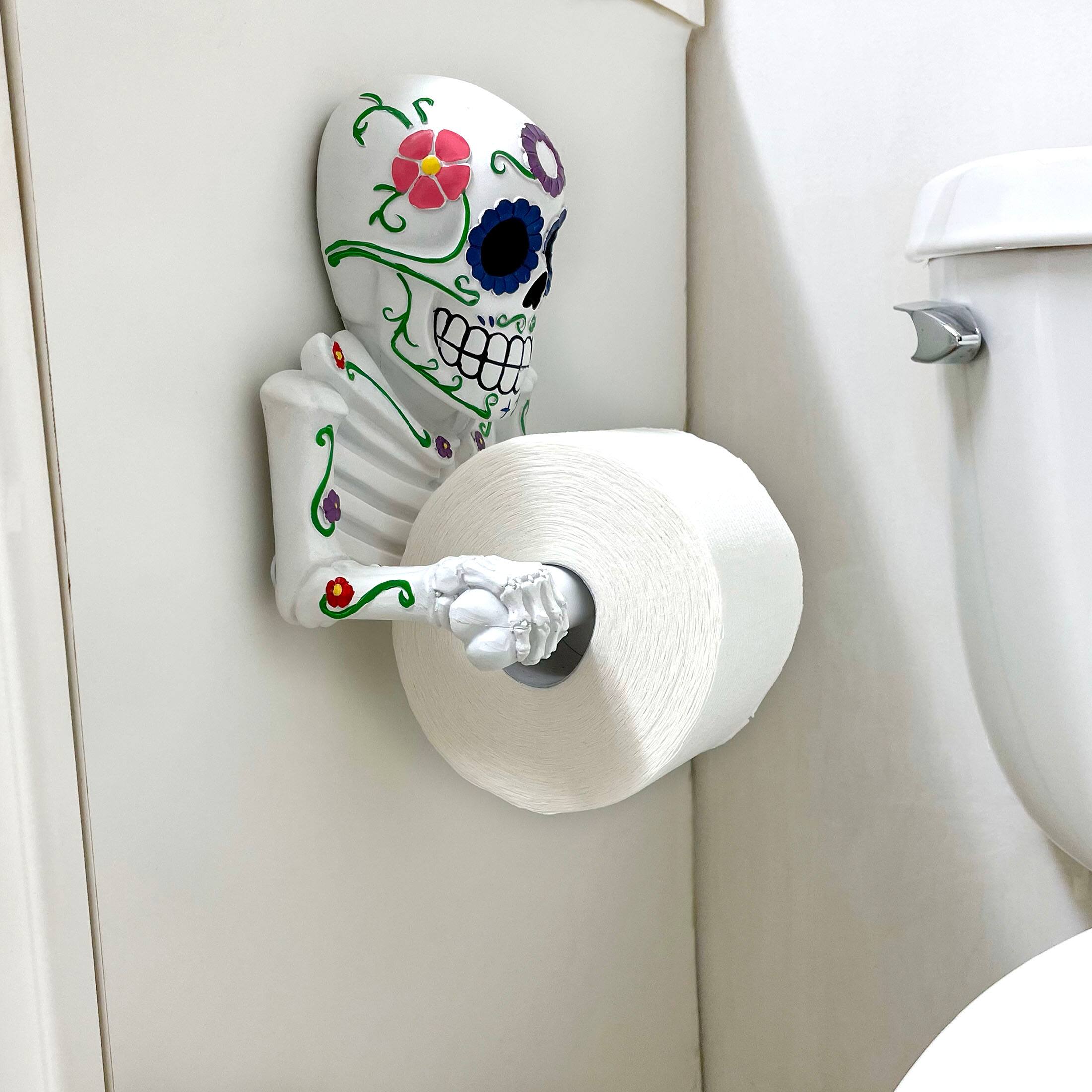 Alt View 4. Zeckos - Smelly Skelly White Day of the Dead Sugar Skull Toilet Tissue Holder - White.