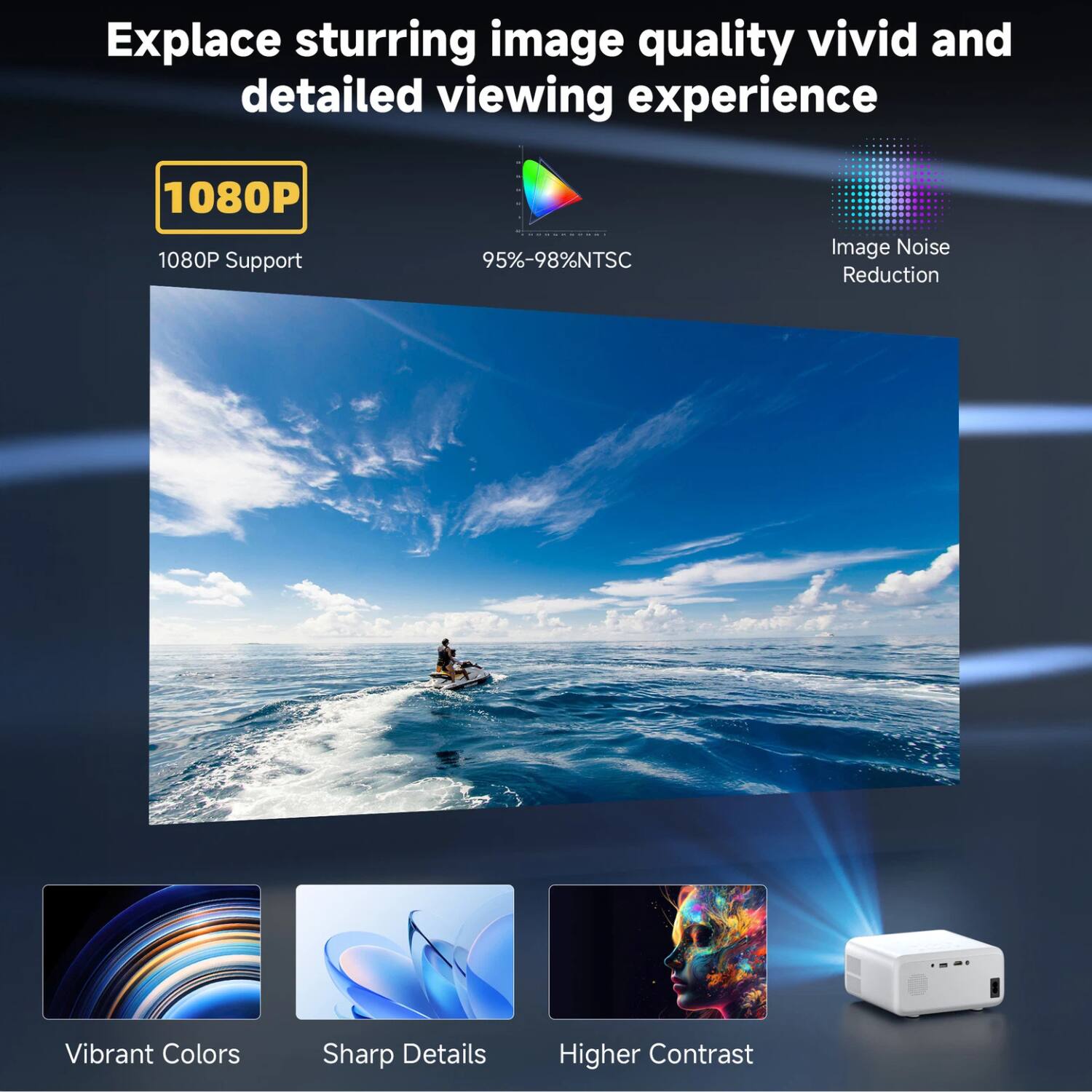 Explace stirring image quality vivid and detailed viewing experience

1080P Support

95%-98% NTSC

Image Noise Reduction

Vibrant Colors

Sharp Details

Higher Contrast