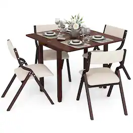 Costway - Kitchen Table Set for 4 with Expandable Dining Table 4 Upholstered Folding Chairs - Cherry Brown,Coffee,Beige