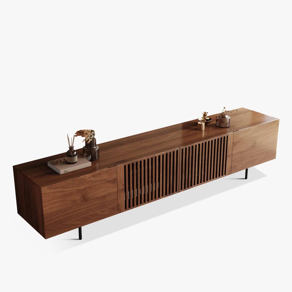 Alt View 9. luck idea - 94.48" Fluted Wood TV Stand for TVs Up to 100", Modern Media Console with Soft Close Doors, Walnut Entertainment Center - brown.