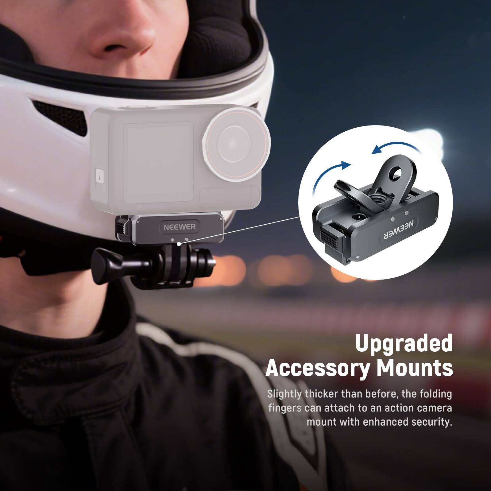 NEEWER Upgraded Accessory Mounts

Slightly thicker than before, the folding fingers can attach to an action camera mount with enhanced security.