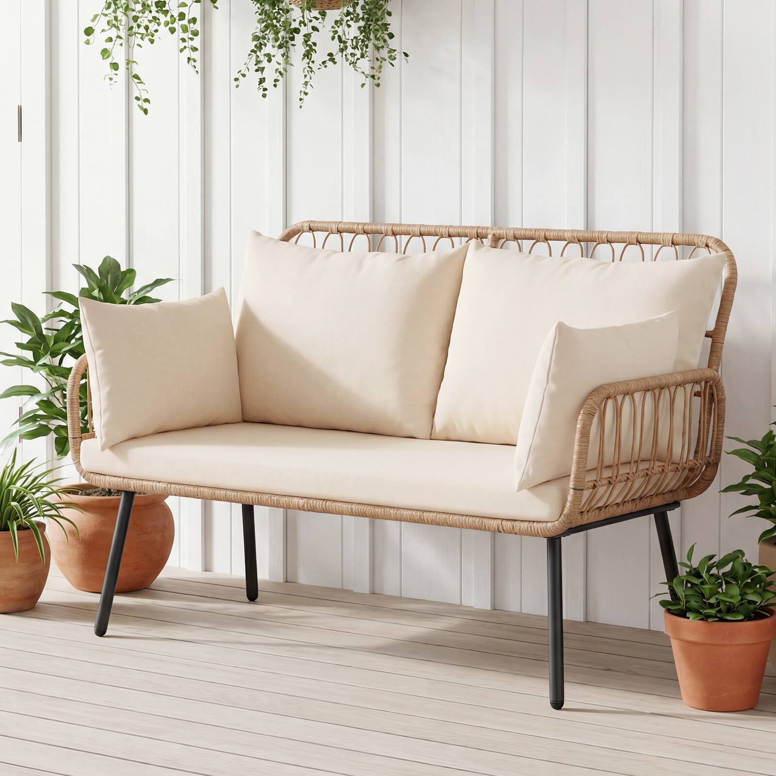 Alt View 1. Costway - Costway Outdoor 2-Seater Sofa with Pillows, Cushions, Metal Frame & Adjustable Foot Pads - Natural & Off White.