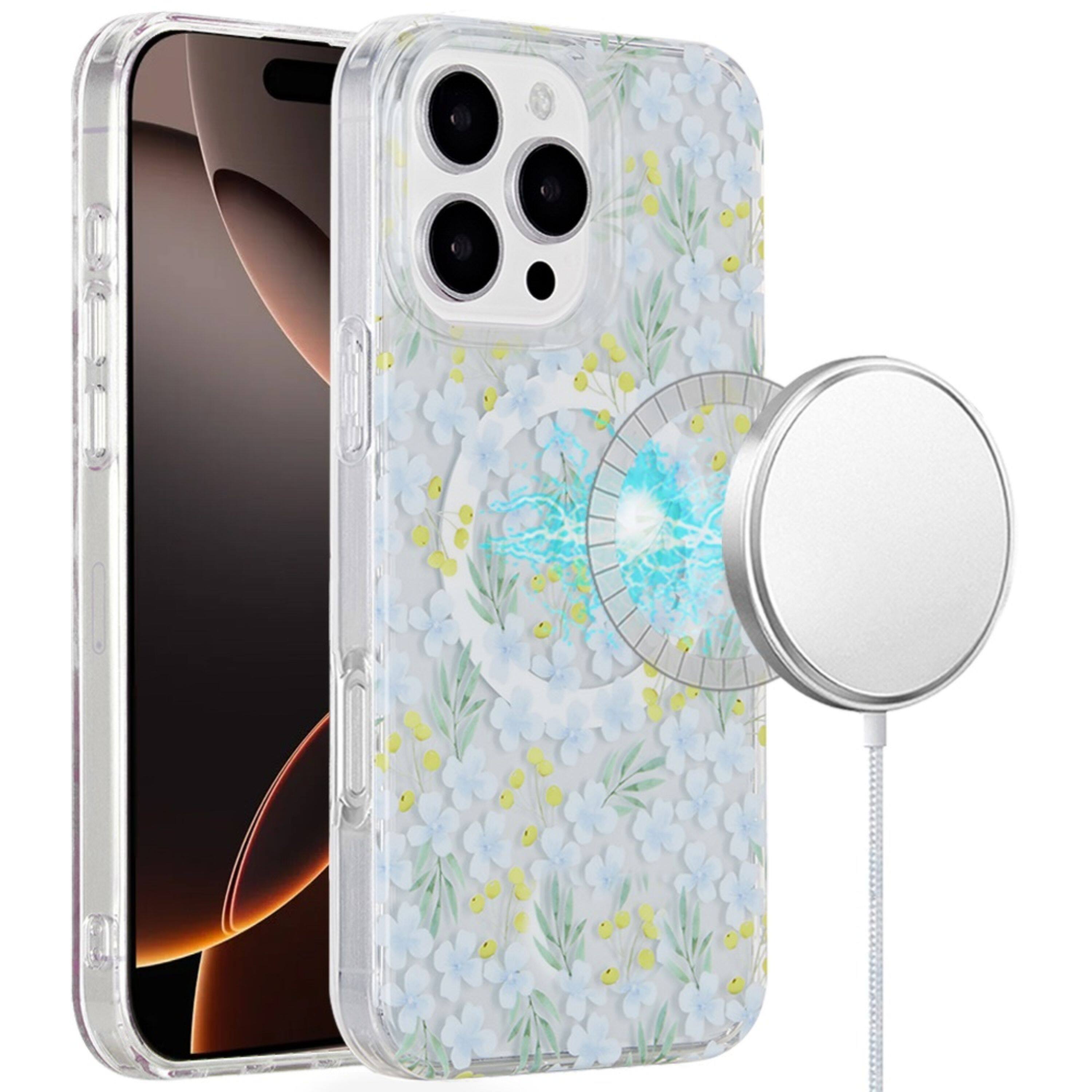 Kitcheniva - IMD Dual Layer Magnetic Circle Cover Phone Case With Tempered Glass For iPhone 16 Pro White Floral - Multicolor price history on PriceWatchPro