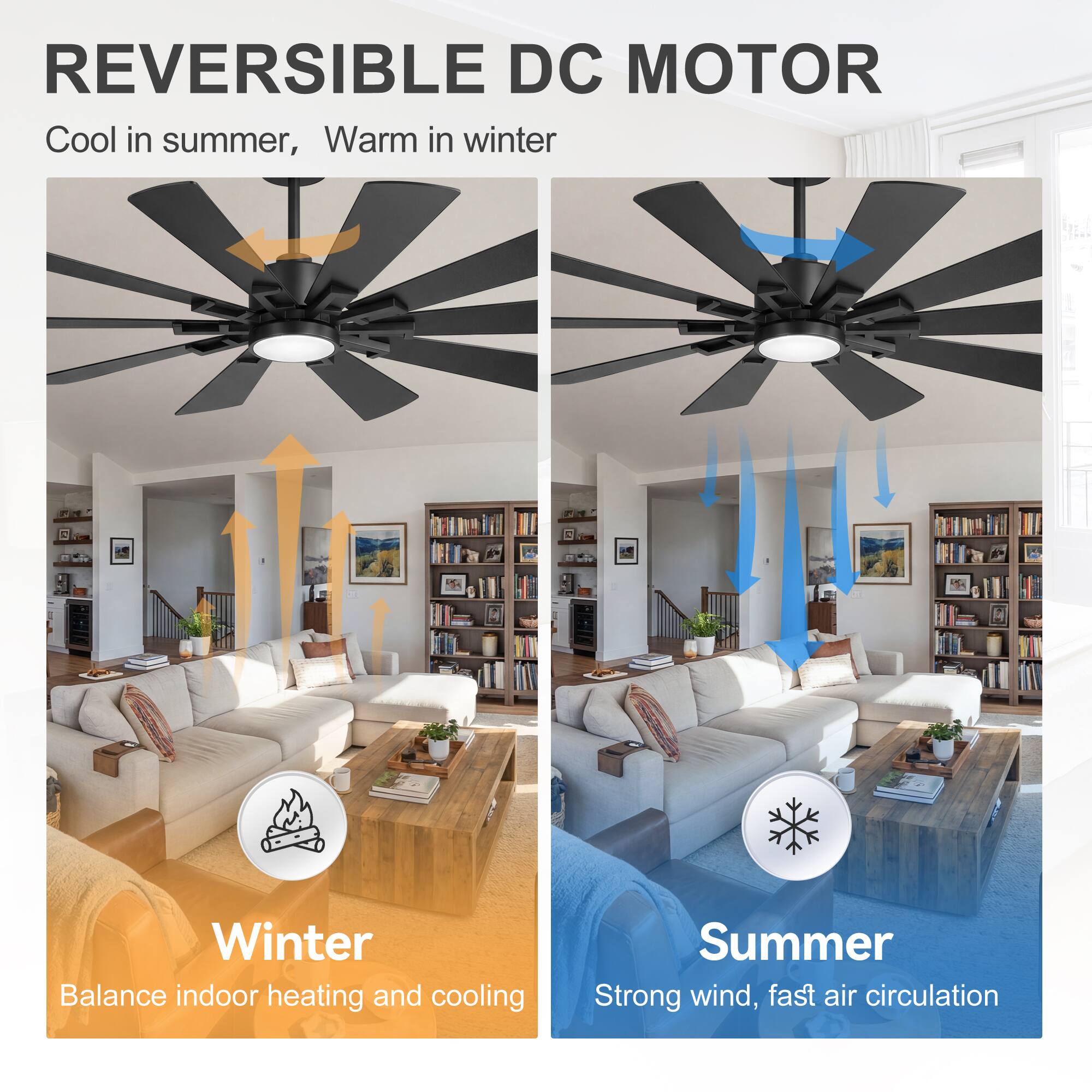 REVERSIBLE DC MOTOR  
Cool in summer, Warm in winter  

Winter  
Balance indoor heating and cooling  

Summer  
Strong wind, fast air circulation