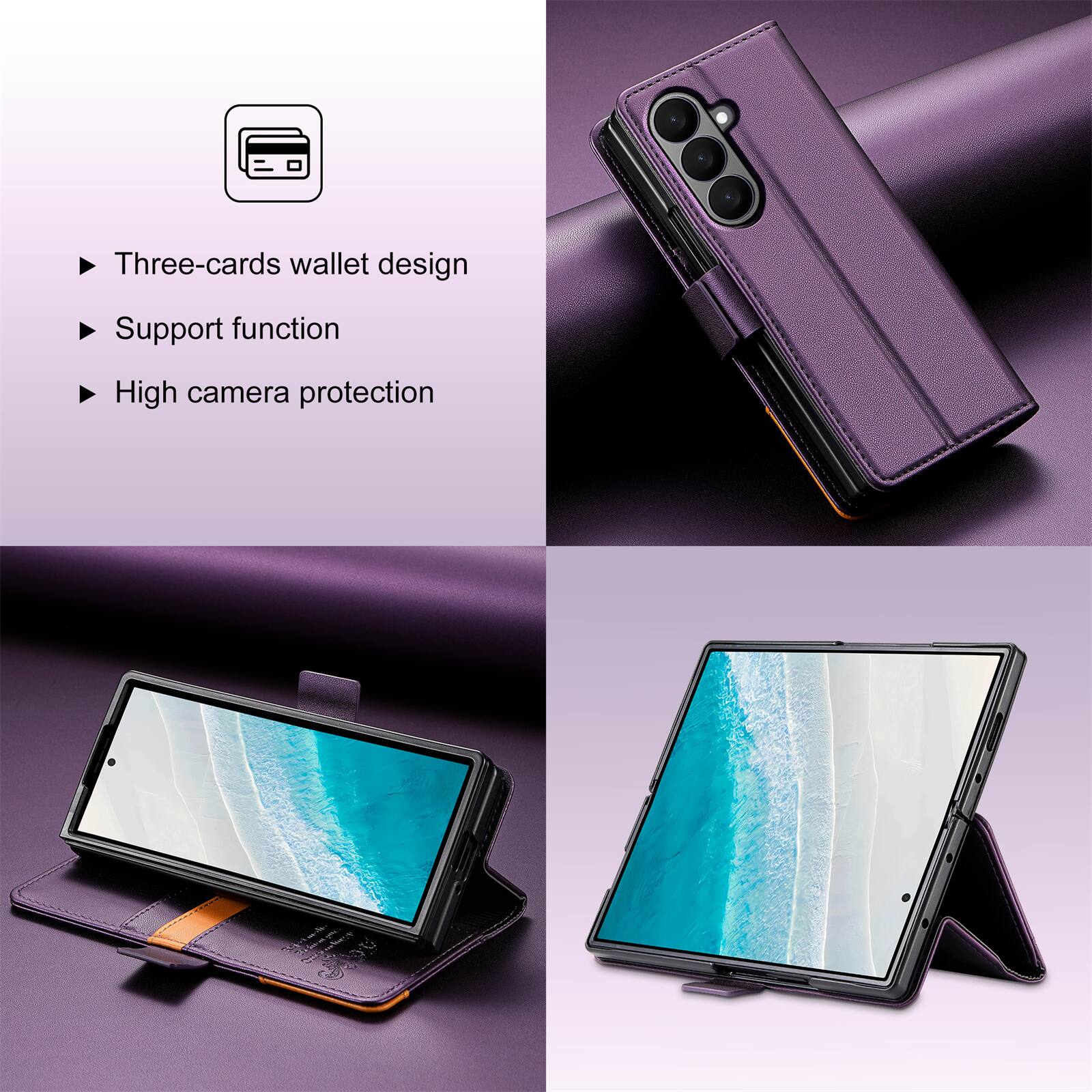 Three-cards wallet design  
Support function  
High camera protection