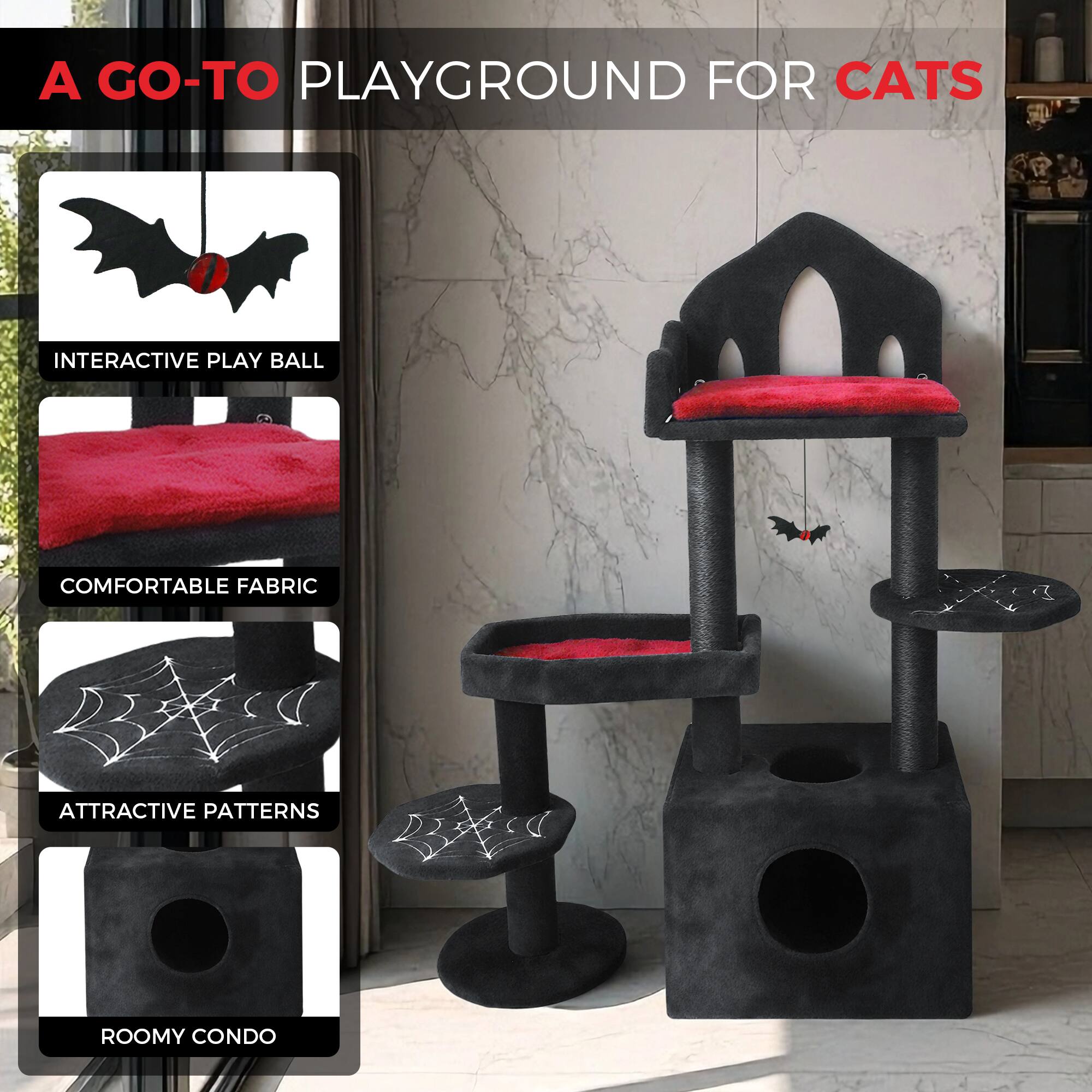 A GO-TO PLAYGROUND FOR CATS

- INTERACTIVE PLAY BALL
- COMFORTABLE FABRIC
- ATTRACTIVE PATTERNS
- ROOMY CONDO