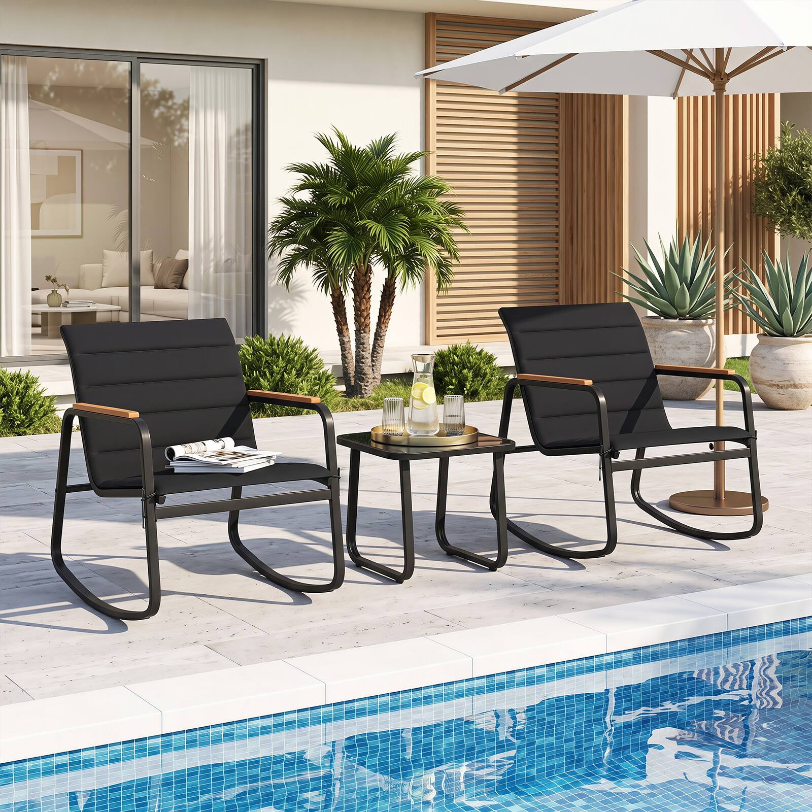 Alt View 4. Costway - Costway 3PCS Outdoor Rocking Bistro Set with Tempered Glass Table Metal Frame Soft Cushions - Black.