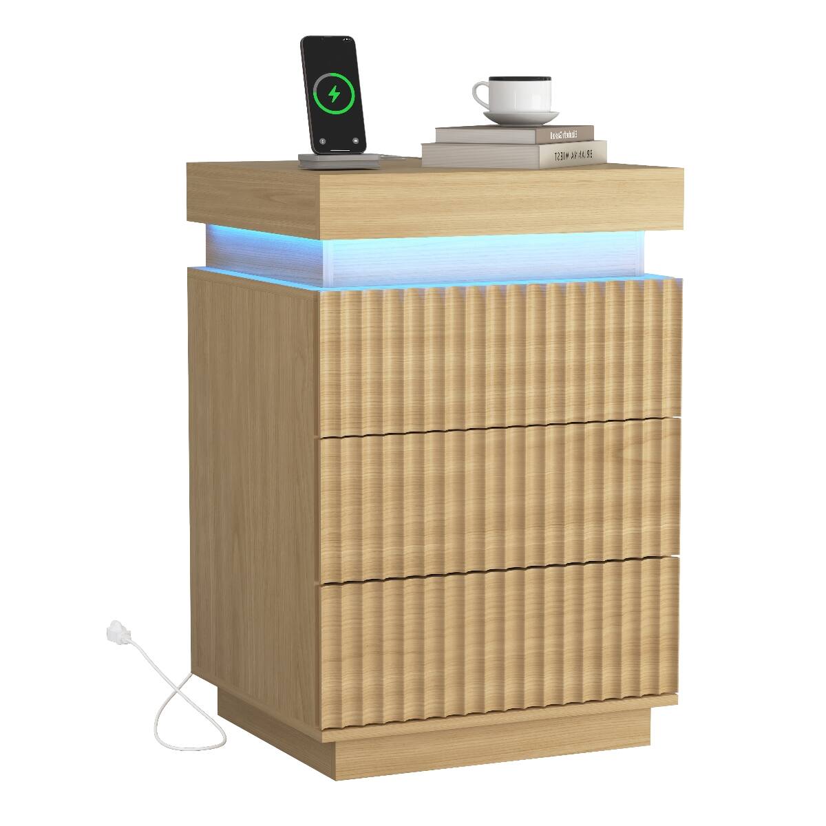 Alt View 9. Loheer - Loheer Natural Nightstand Set of 2 with Charging Station and LED Lights - Natural.