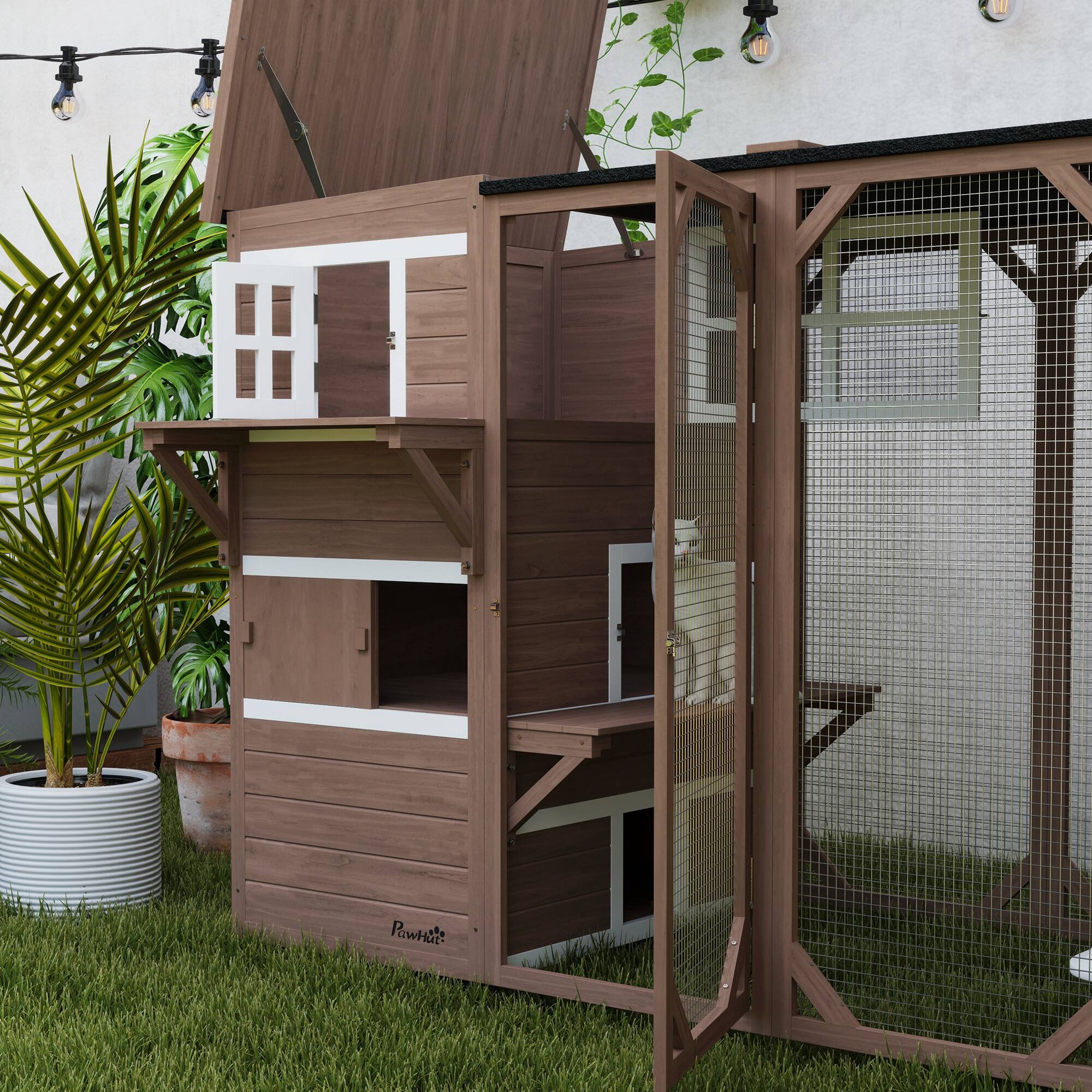 Alt View 4. Pawhut - Catio Outdoor Enclosure, Large Wood, 3-Level, Weatherproof Roof, Big Hiding Areas, Platforms, Resting Box, 45"H.