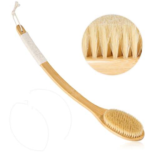 Front. DORLUKFU - Bath Body Brush Shower, 22" Super Long Curved Bamboo Handle Antiskid Back Body Scrubber Wet/Dry Brushing, Moderately.
