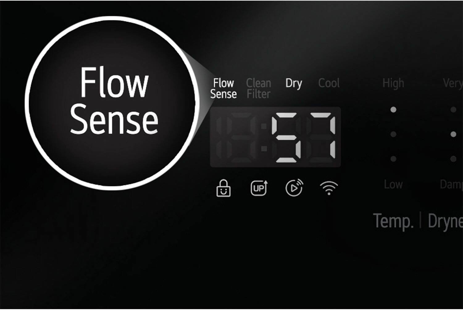 Flow Sense Flow Clean Sense Filter Dry Cool High Very UP D Low Dam Temp. I Dryne -