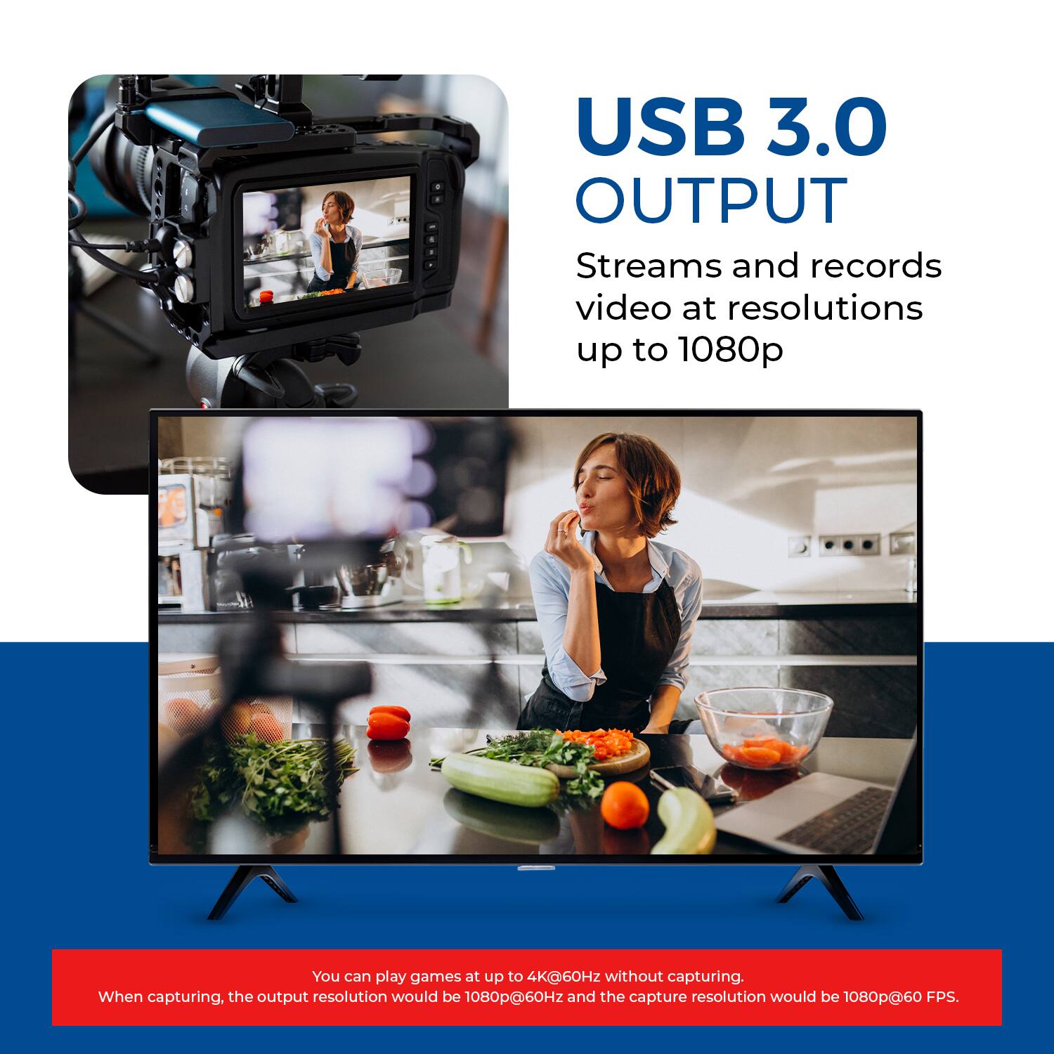 USB 3.0 OUTPUT  
Streams and records video at resolutions up to 1080p  

You can play games at up to 4K@60Hz without capturing.  
When capturing, the output resolution would be 1080p@60Hz and the capture resolution would be 1080p@60 FPS.