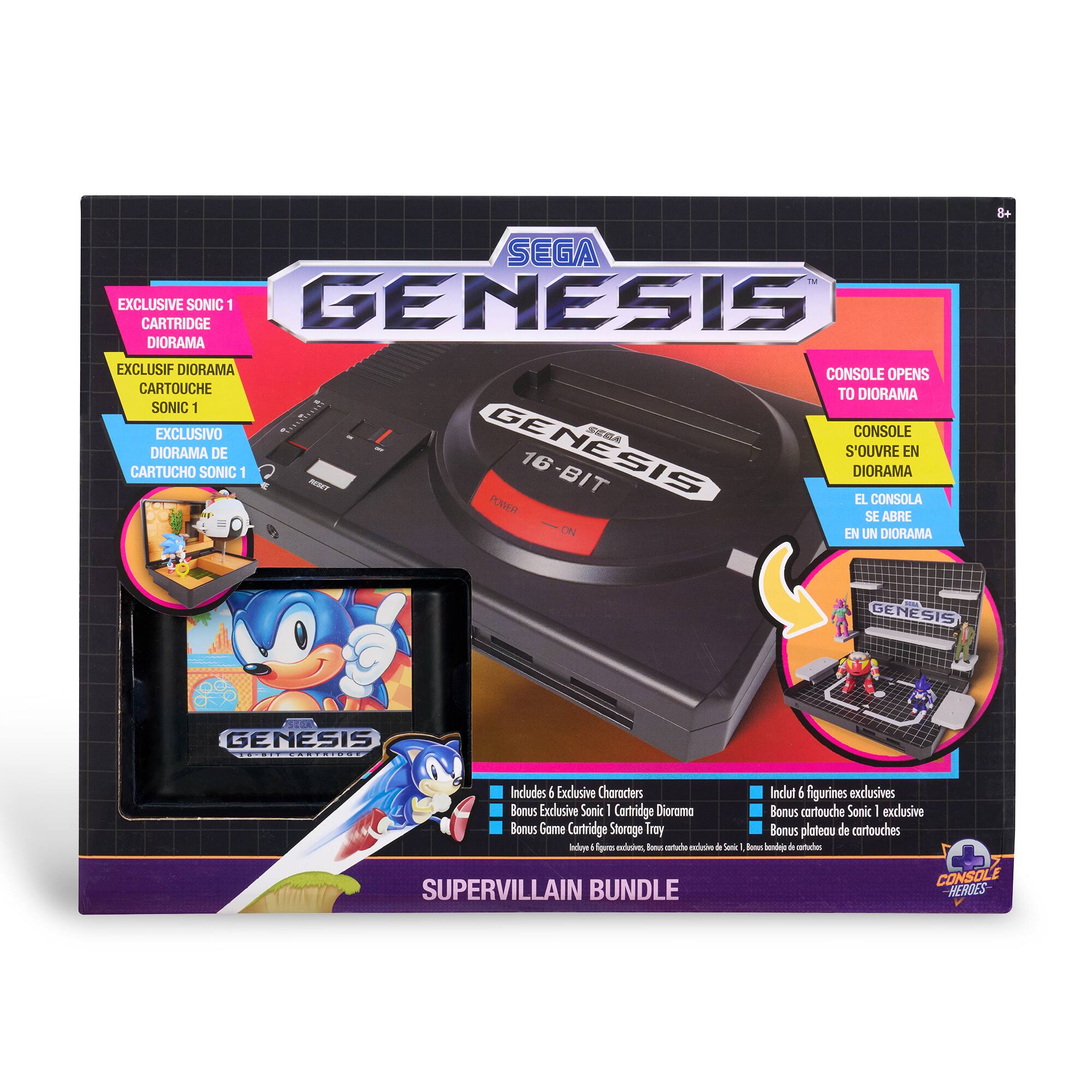 SEGA - EXCLUSIVE CARTRIDGE SONIC 1 GENESIS DIORAMA  
EXCLUSIF DIORAMA CONSOLE OPENS CARTOUCHE TO DIORAMA SONIC 1  
EXCLUSIVO SEGA CONSOLE CARTUCHO DIORAMA SONIC DE 1 MMT GENESIS 16-BIT  
S'OUVRE DIORAMA EN EL CONSOLA POWER SE ABRE ON EN UN DIORAMA  

Includes 6 Exclusive Characters  
Inclut 4 figurines exclusives  
Bonus Exclusive Sonic I Cartridge Diorama  
Bonus cortouche Sonic I exclusive  
Bonus Game Cartridge Storage Tray  
Bonus plateau de cartouches inclue igu conlodin, Tonus aturie nie a - de ntucas  

CONSOLE SUPERVILLAIN BUNDLE  
HERDES