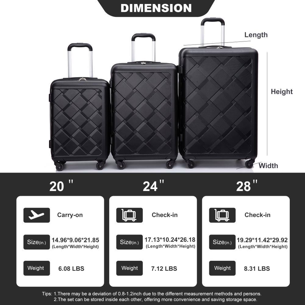 **DIMENSION**

- **20" Carry-on**
  - Size (in.): 14.96" x 9.06" x 21.85" (Length x Width x Height)
  - Weight: 6.08 LBS

- **24" Check-in**
  - Size (in.): 17.13" x 10.24" x 26.18" (Length x Width x Height)
  - Weight: 7.12 LBS

- **28" Check-in**
  - Size (in.): 19.29" x 11.42" x 29.92" (Length x Width x Height)
  - Weight: 8.31 LBS

**Tips:**
1. There may be a deviation of 0.8-1 inch due to different measurement methods and persons.
2. The set can be stored inside each other, offering more convenience and saving storage space.