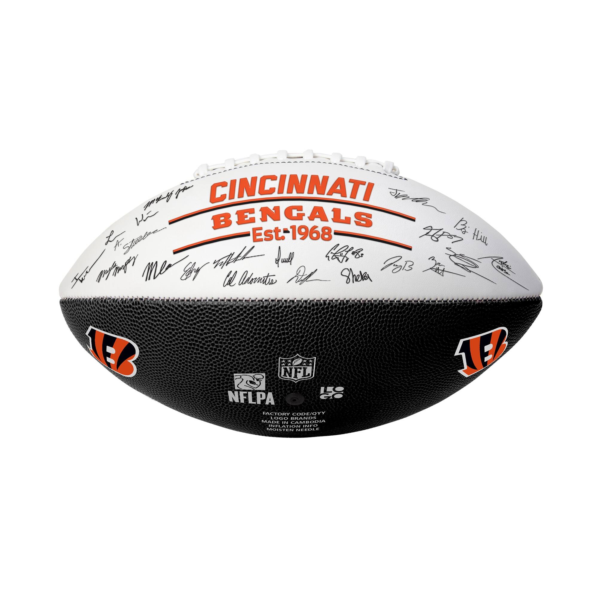 CINCINNATI BENGALS  
Est. 1968  

FACTORY CODE: 0YY  
BRAND: MSERE  
LAMBUL STUPL  
MOISTEN  
C... Bs Hin 17  

NFL  
NFLPA  

L  
L  
L
