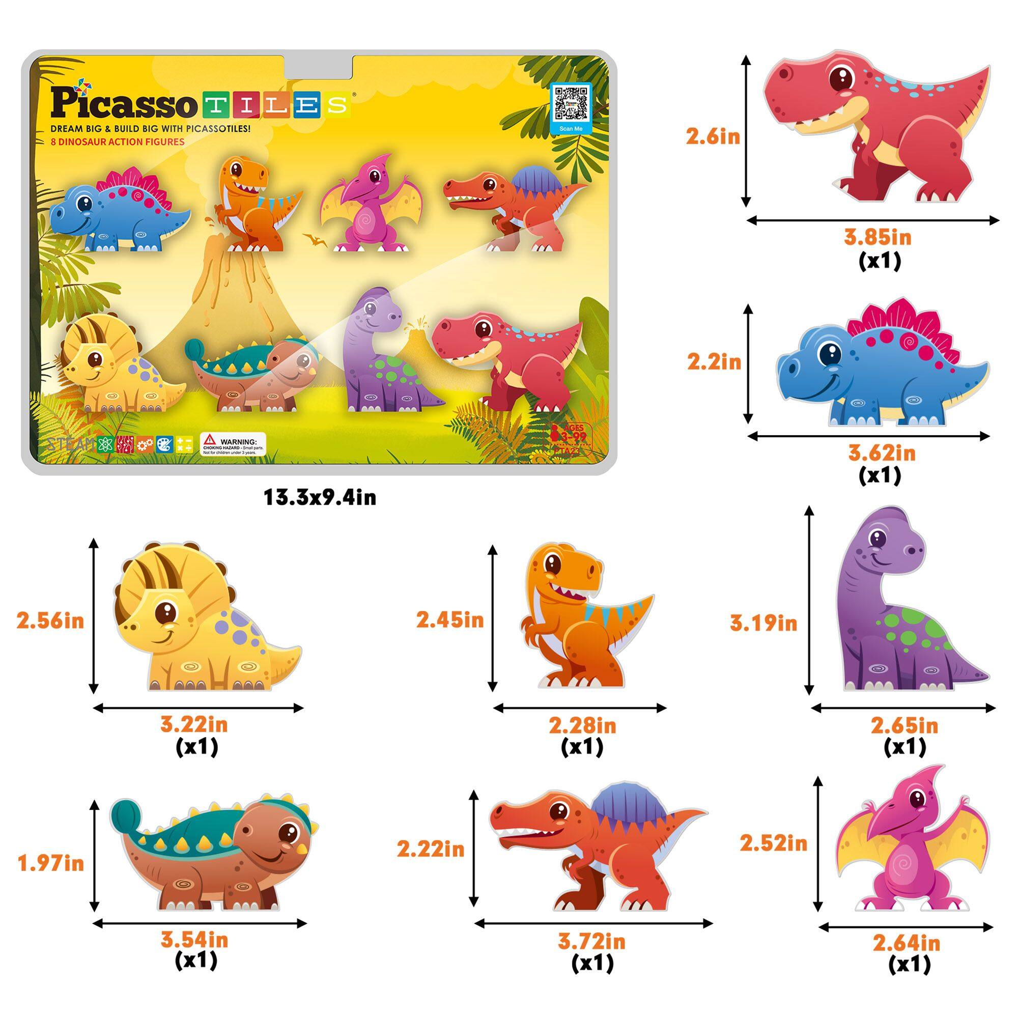 Picasso Tiles: Dream Big & Build Big with Picasso Tiles! 8 Dinosaur Action Figures - 13.3x9.4in

- 2.6in 3.85in (x1)
- 2.2in 3.62in (x1)
- 2.56in 2.45in 3.19in 3.22in (x1)
- 2.28in (x1)
- 2.65in (x1)
- 1.97in 2.22in 2.52in 3.54in (x1)
- 3.72in (x1)
- 2.64in (x1)