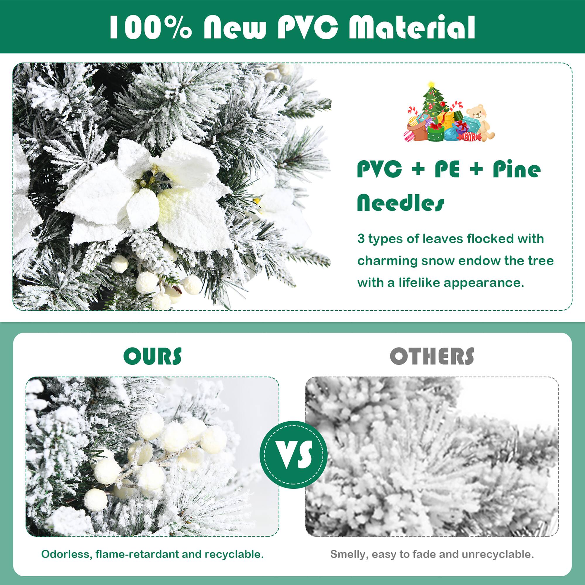 100% New PVC Material

PVC + PE + Pine needles

3 types of leaves flocked with charming snow endow the tree with a lifelike appearance.

OURS VS OTHERS

Odorless, flame-retardant, and recyclable.

Smelly, easy to fade, and unrecyclable.