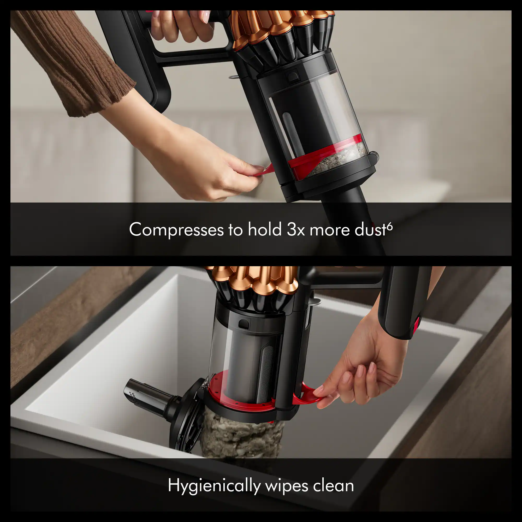 Compresses to hold 3x more dust  
Hygienically wipes clean