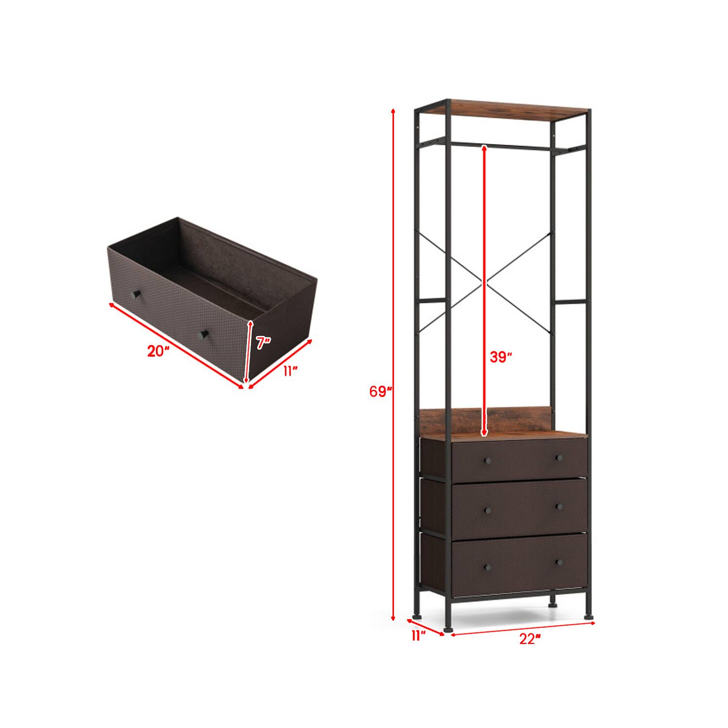 20" x 7" x 11"  
69" x 39" x 11"  
22"