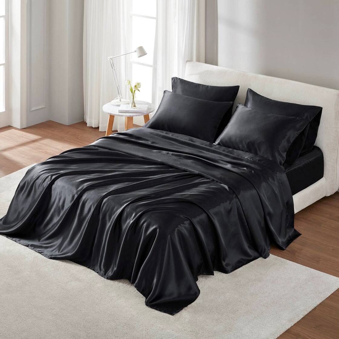 Alt View 1. Gracie Mills - Gracie Mills Coralie 6-Piece Wrinkle-free Satin Sheet Set - Black.