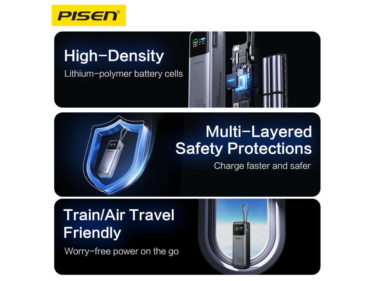 PISEN

High-Density Lithium-polymer battery cells

Multi-Layered Safety Protections
Charge faster and safer

Train/Air Travel Friendly
Worry-free power on the go