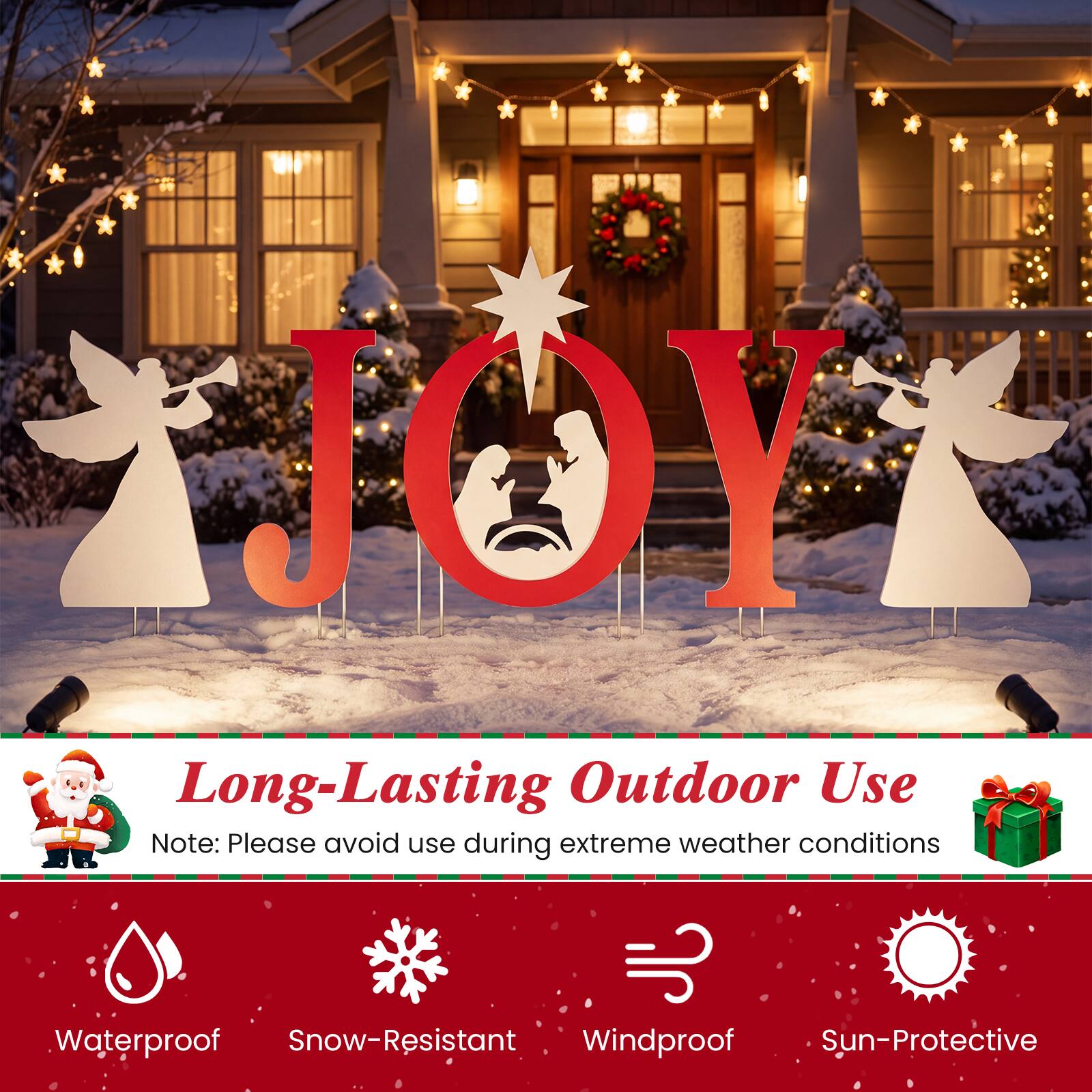 Long-Lasting Outdoor Use  
Note: Please avoid use during extreme weather conditions  

Waterproof  
Snow-Resistant  
Windproof  
Sun-Protective