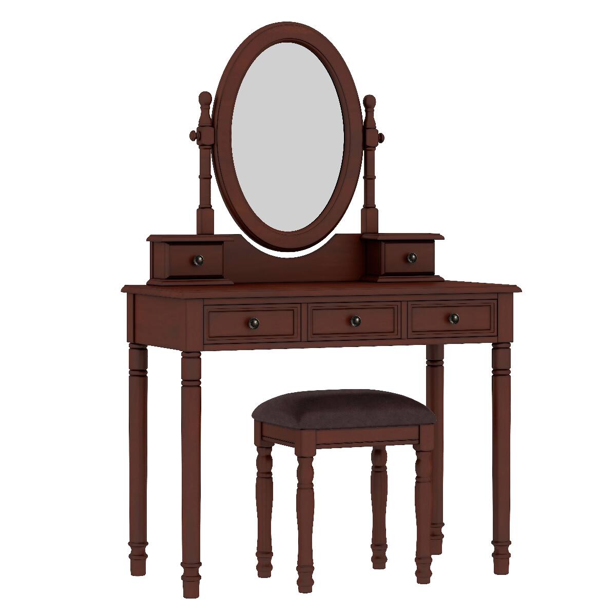 Alt View 3. Loheer - Loheer Vanity Desk with Adjustable Angle Mirror, Walnut Wood, Cushioned Stool and Five Drawers - Walnut.