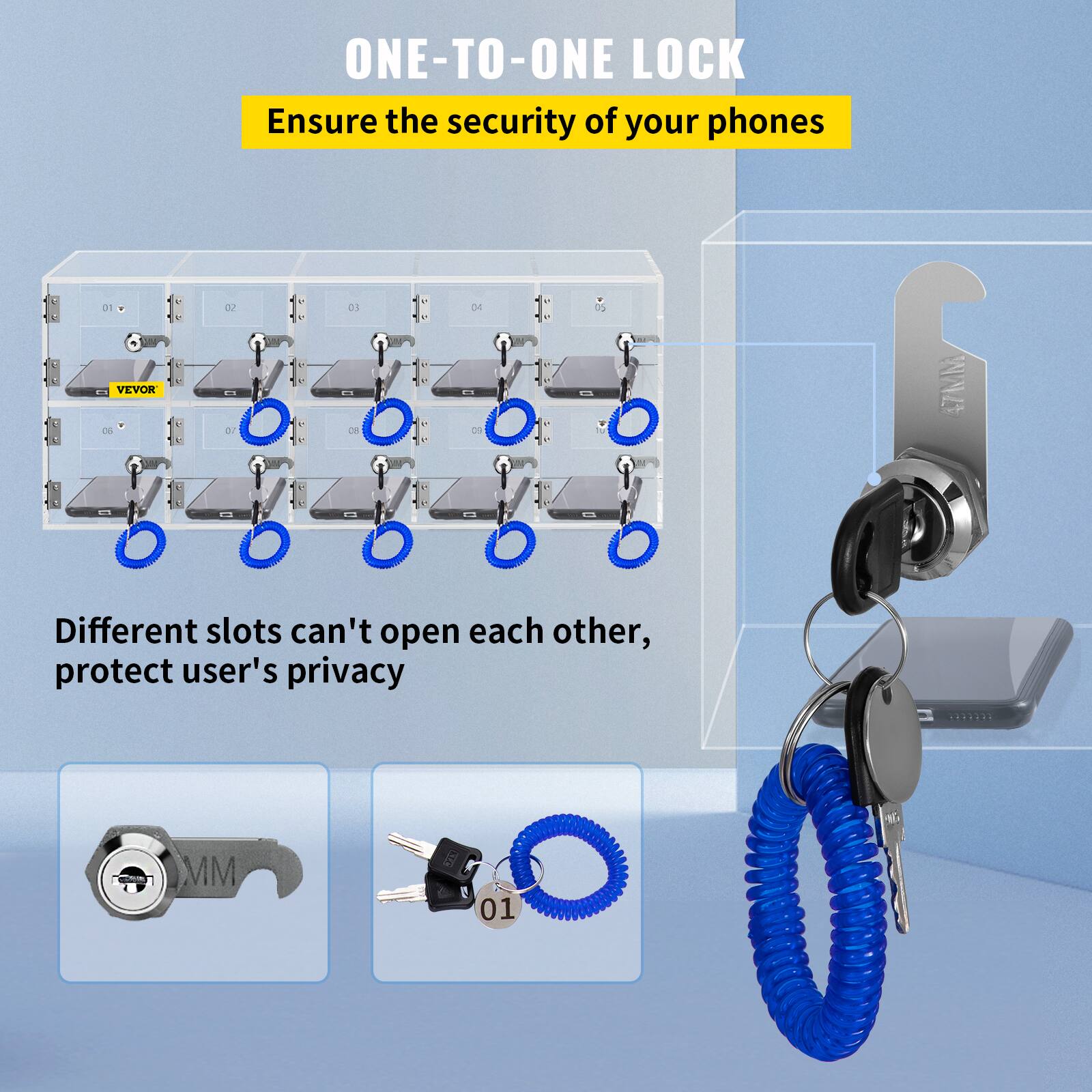 ONE-TO-ONE LOCK  
Ensure the security of your phones  

Different slots can't open each other, protect user's privacy