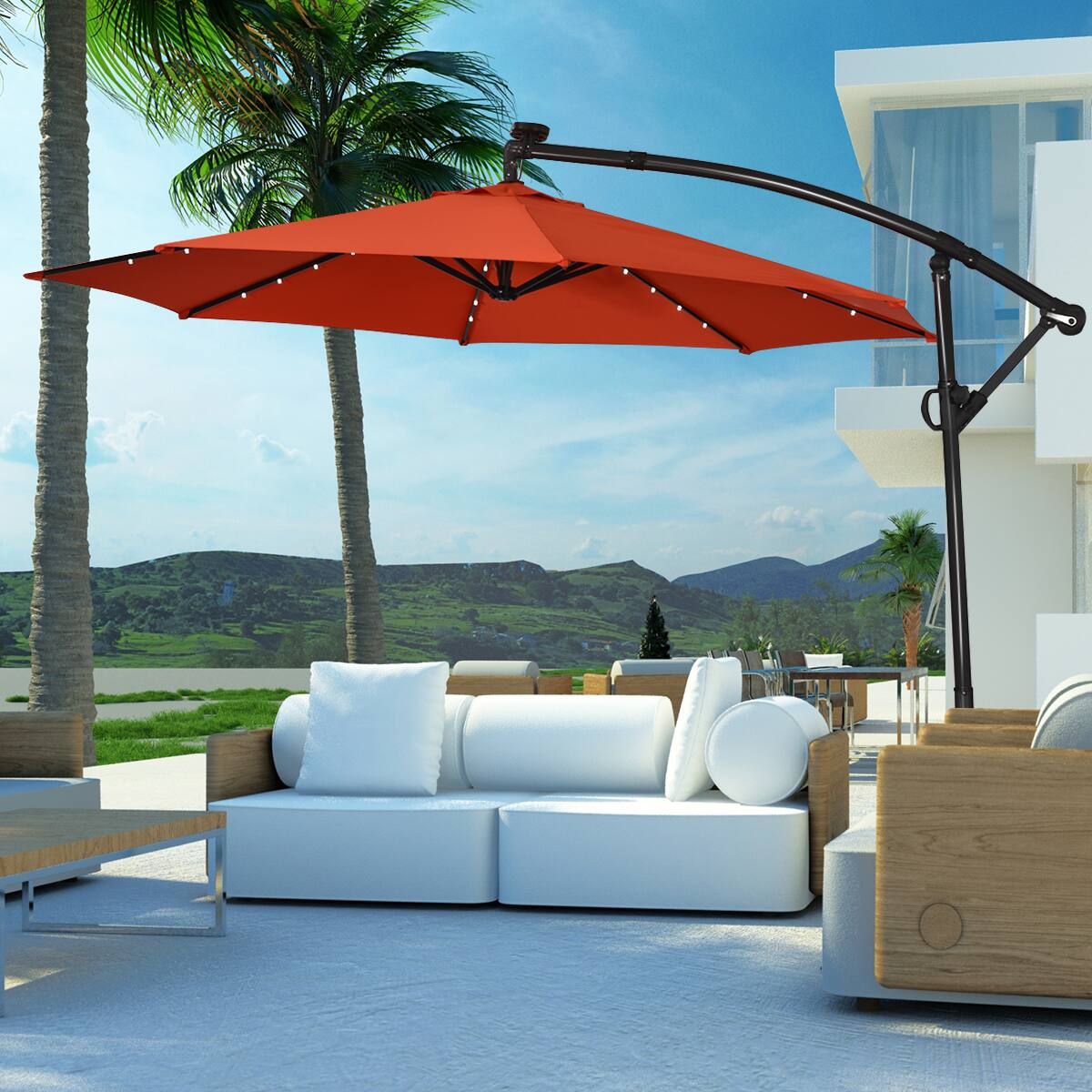 Alt View 2. Costway - 10FT Patio Offset Umbrella Solar LED 360degrees Rotation - Orange.