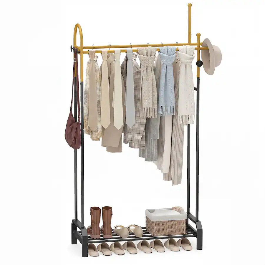 Gymax Double Rods Garment Rack for Hanging Clothes Freestanding ...