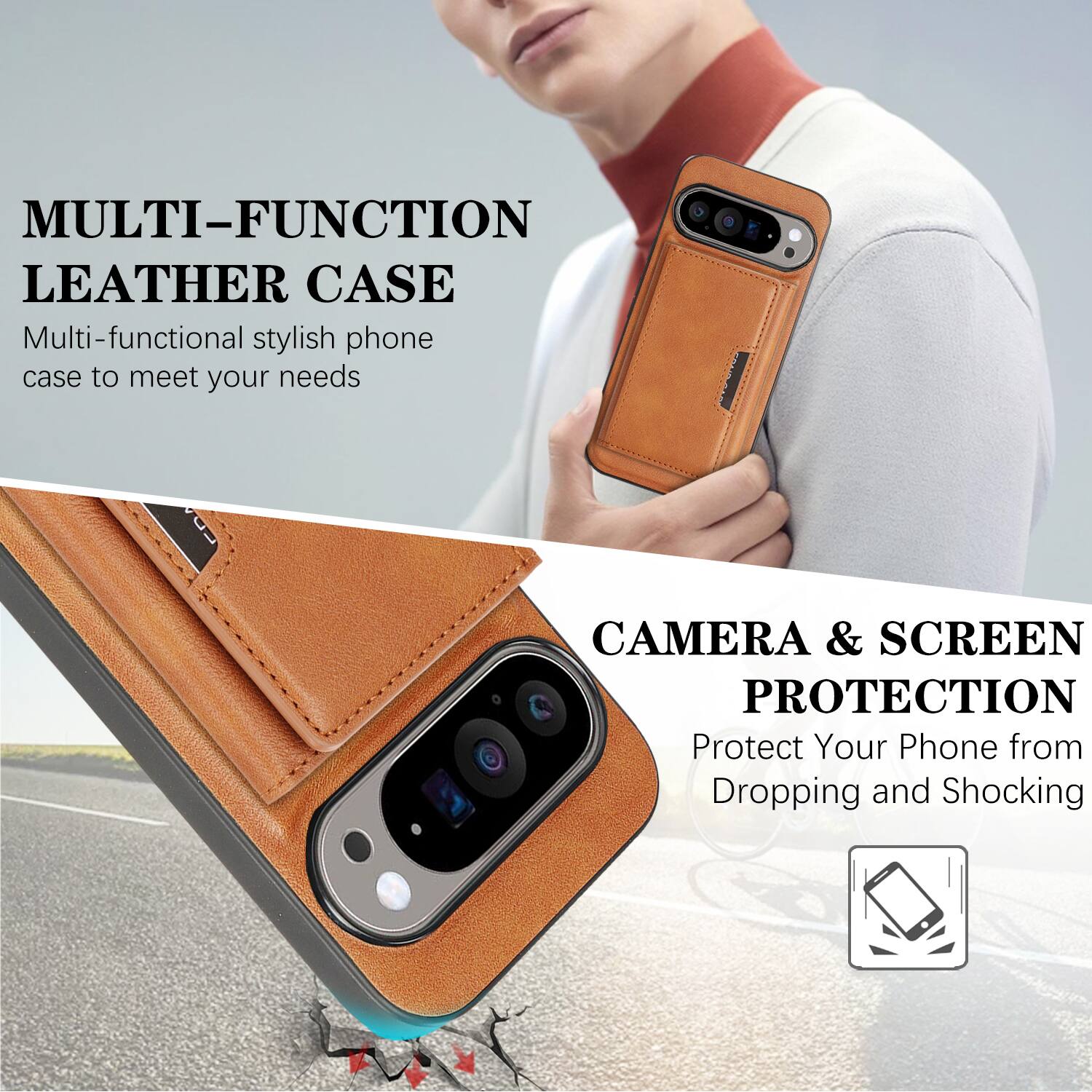 MULTI-FUNCTION LEATHER CASE  
Multi-functional stylish phone case to meet your needs  

CAMERA & SCREEN PROTECTION  
Protect Your Phone from Dropping and Shocking