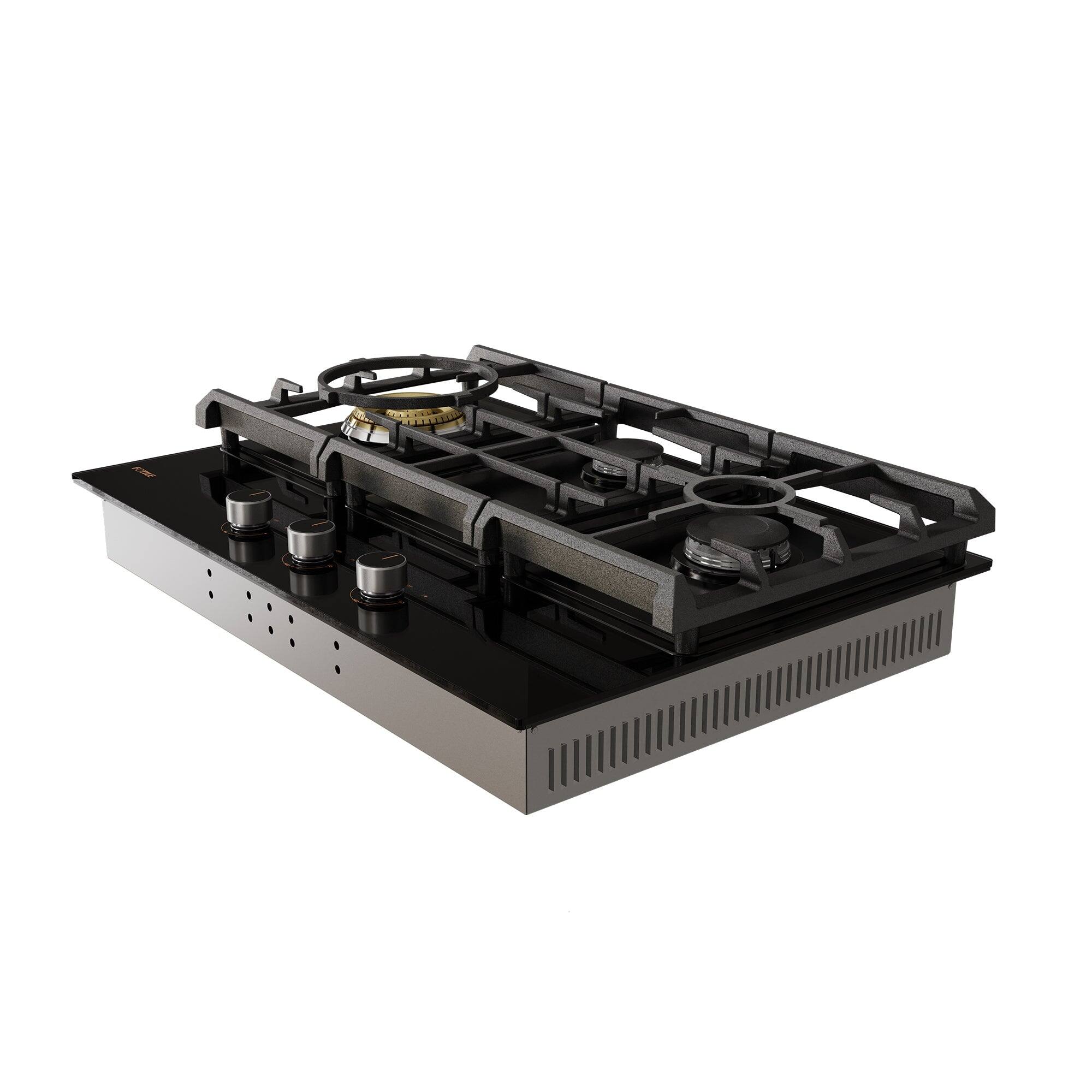 Left. FOTILE - FOTILE Tri-Ring 30" Gas Cooktop in Tempered Glass with 3 Burners Including Flame Failure Device - Black.