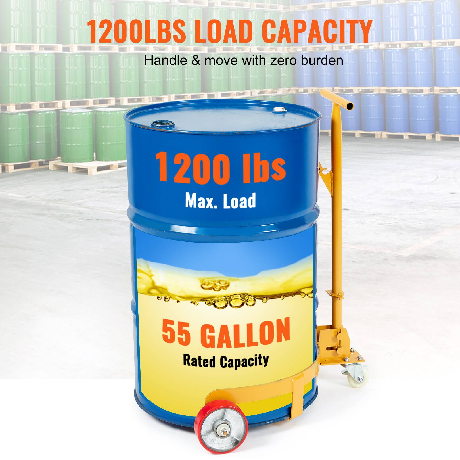 1200LBS LOAD CAPACITY  
Handle & move with zero burden  

1200 lbs Max. Load  

55 GALLON Rated Capacity