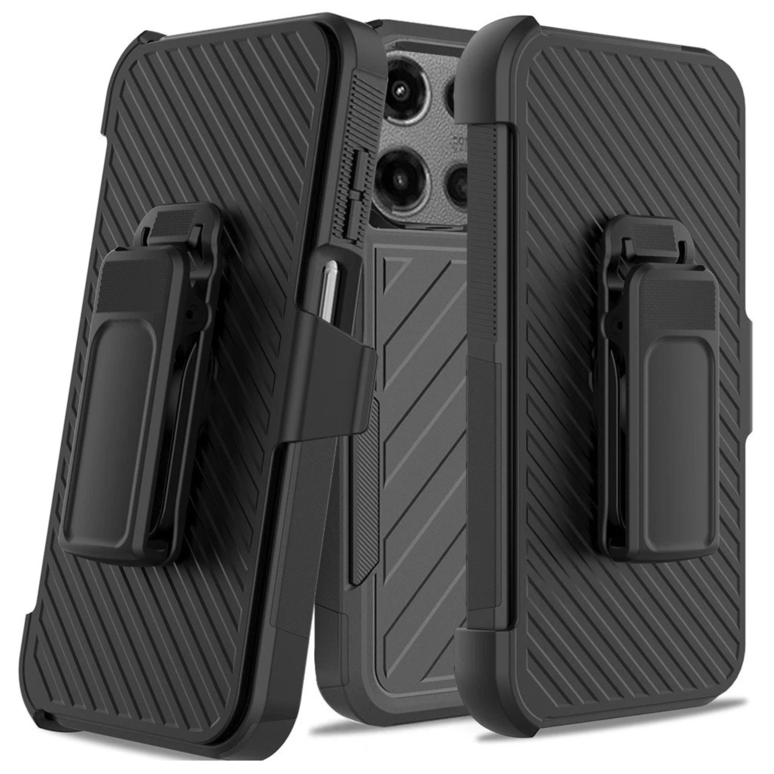 Angle. Kitcheniva - Heavy-Duty Holster Combo Case Plus Tempered Glass For Moto G Stylus 2026/2025 Black/Black - Red/Black.